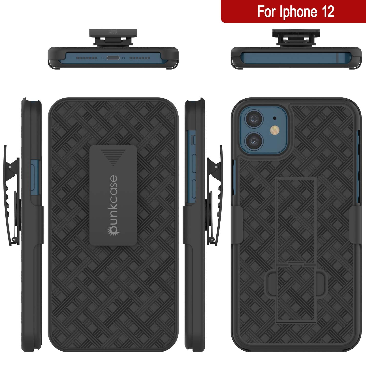 Punkcase iPhone 12 Case With Tempered Glass Screen Protector, Holster Belt Clip & Built-In Kickstand [Black] 
