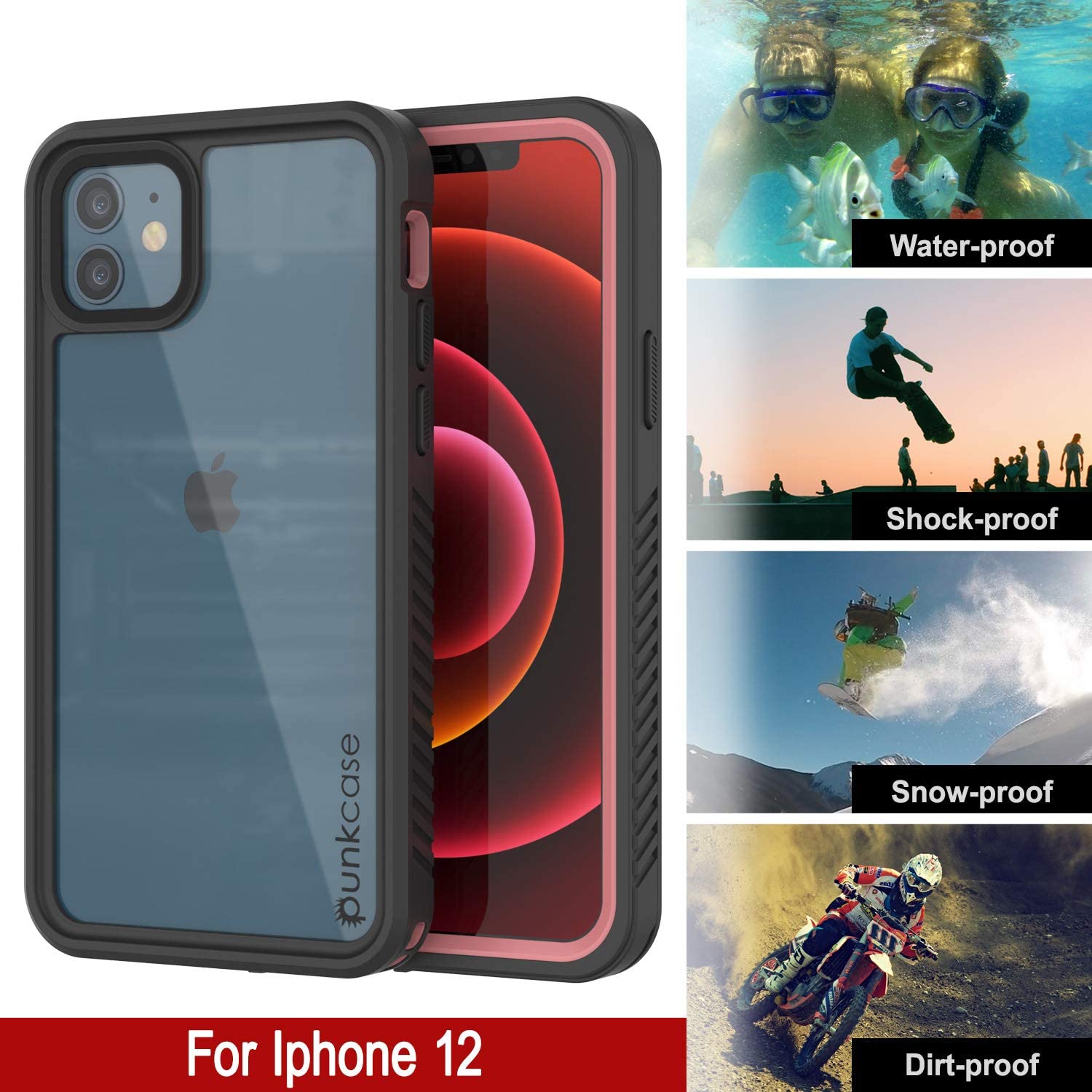 iPhone 12  Waterproof Case, Punkcase [Extreme Series] Armor Cover W/ Built In Screen Protector [Pink] (Color in image: Light Green)