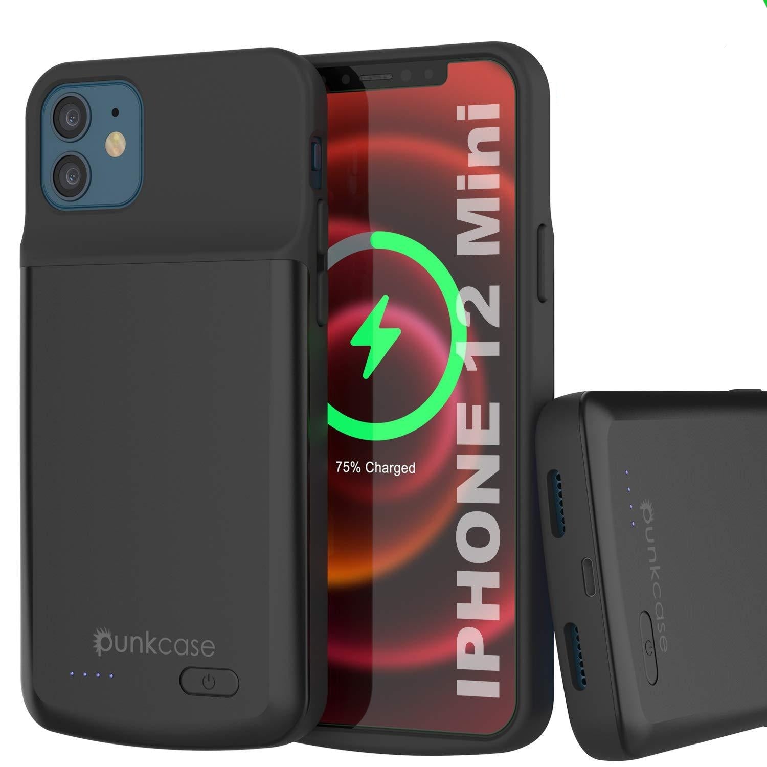 Capa de bateria para iPhone 12 Mini, PunkJuice 4700mAH Power Bank de carregamento rápido com protetor de tela | [Preto]
