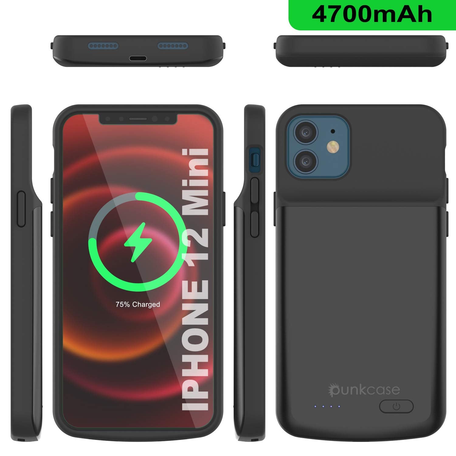iPhone 12 Mini Battery Case, PunkJuice 4700mAH Fast Charging Power Bank W/ Screen Protector | [Black] 