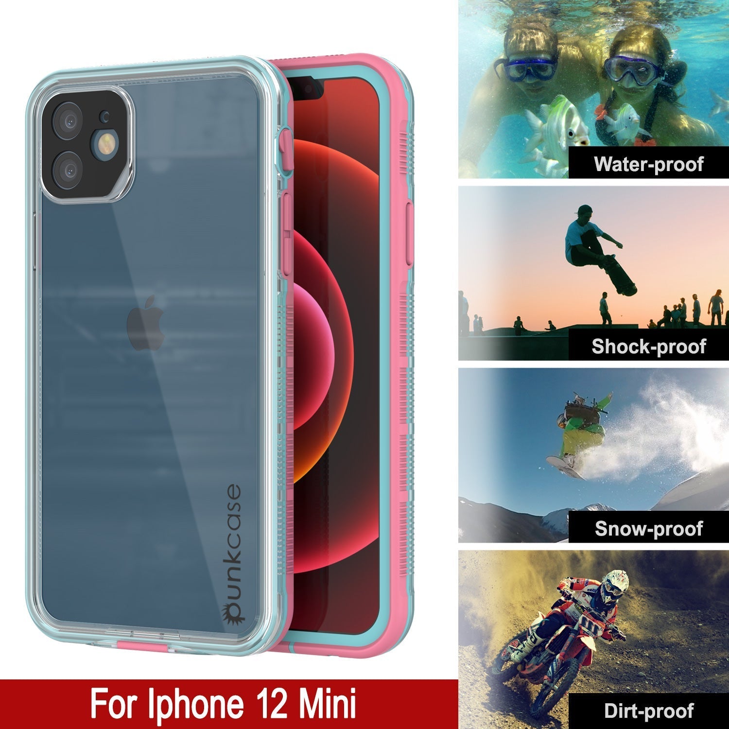 Capa à prova d'água para iPhone 13 Mini Punkcase [Série Aqua] Cobertura de armadura [Rosa Transparente] [Costas Transparentes]