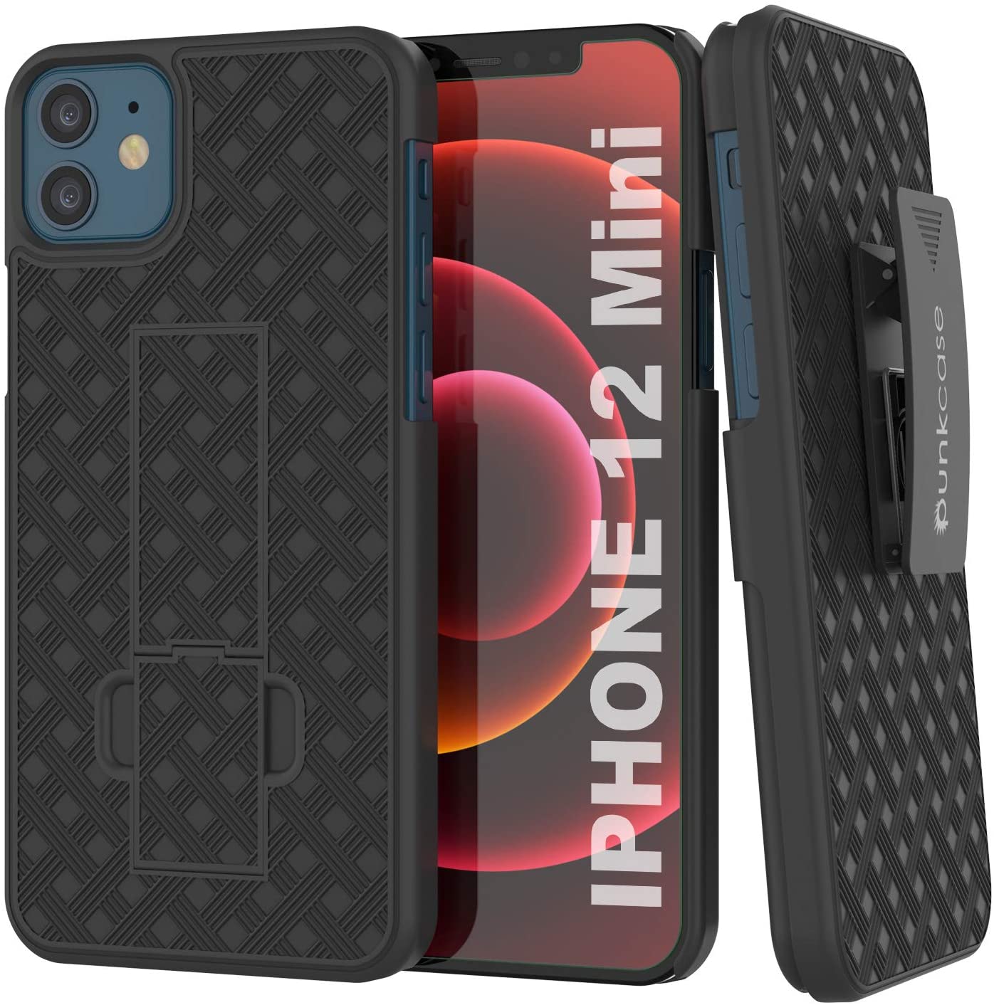 Capa Punkcase para iPhone 12 Mini com Protetor de Tela de Vidro Temperado, Clip de Cinto, Bolsa e Suporte Integrado [Preto]
