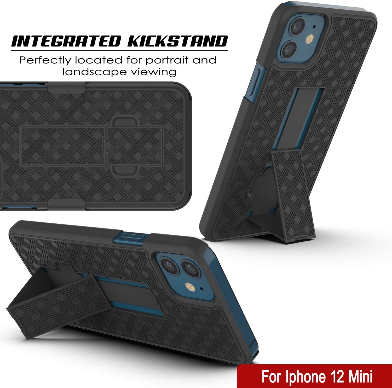 Punkcase iPhone 12 Mini Case With Tempered Glass Screen Protector, Holster Belt Clip & Built-In Kickstand [Black] 
