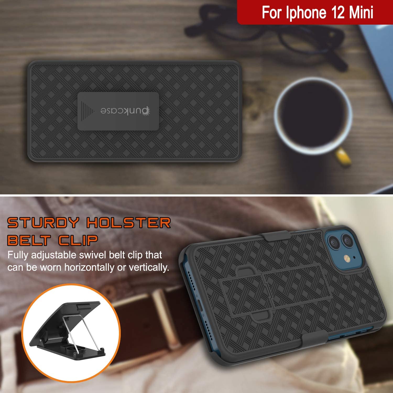 Punkcase iPhone 12 Mini Case With Tempered Glass Screen Protector, Holster Belt Clip & Built-In Kickstand [Black] 
