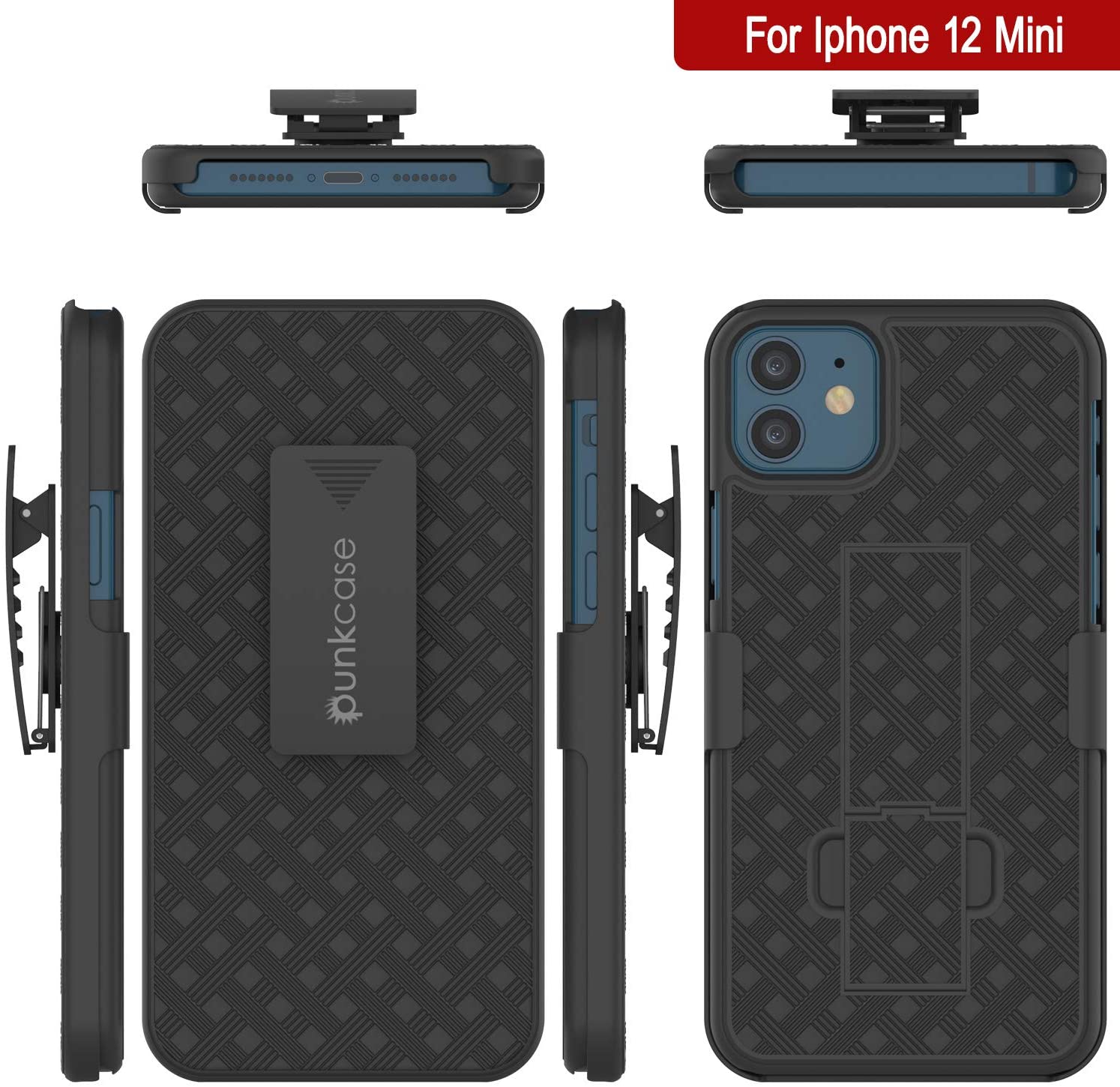 Punkcase iPhone 12 Mini Case With Tempered Glass Screen Protector, Holster Belt Clip & Built-In Kickstand [Black] 
