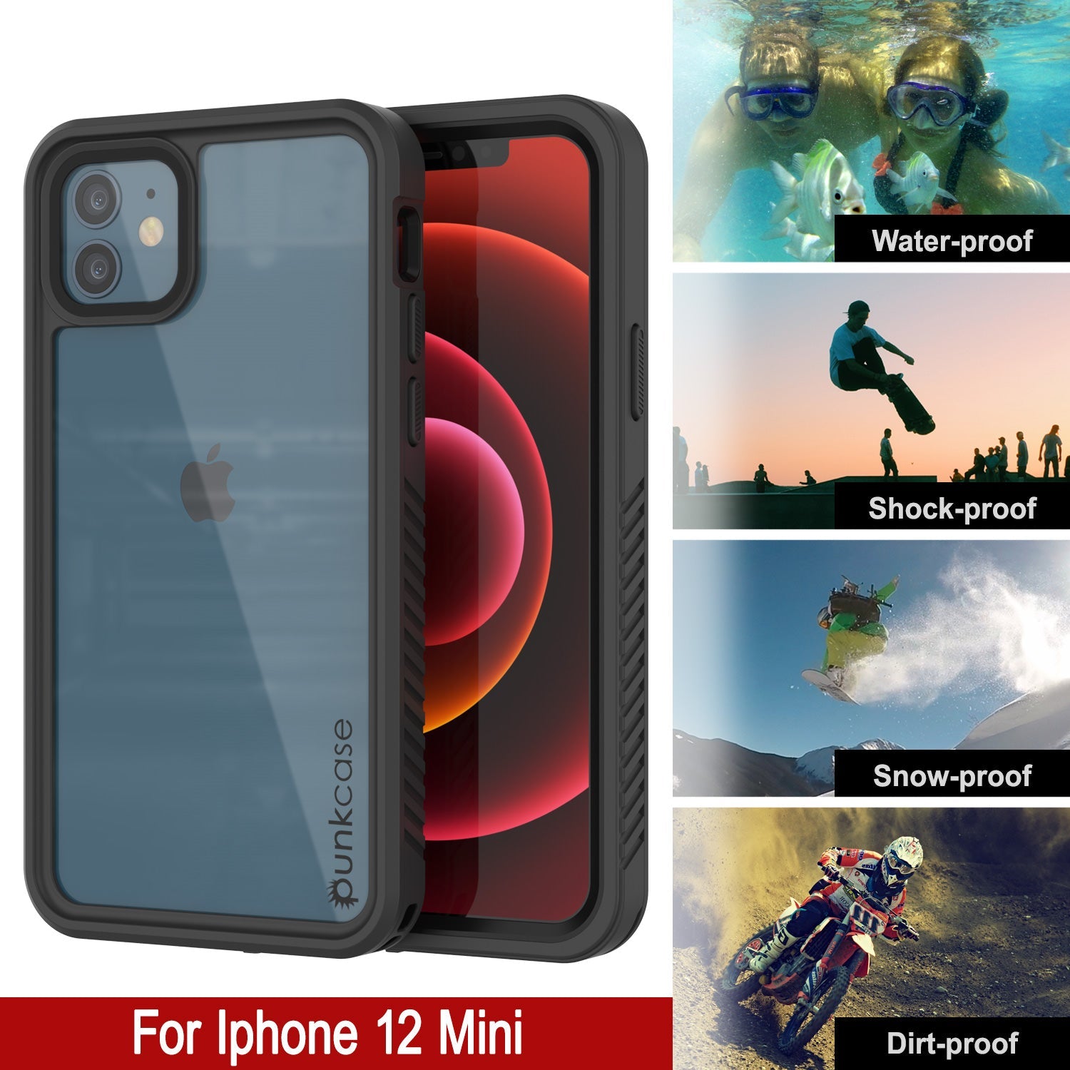 iPhone 12 Mini Waterproof Case, Punkcase [Extreme Series] Armor Cover W/ Built In Screen Protector [Black] (Color in image: Red)