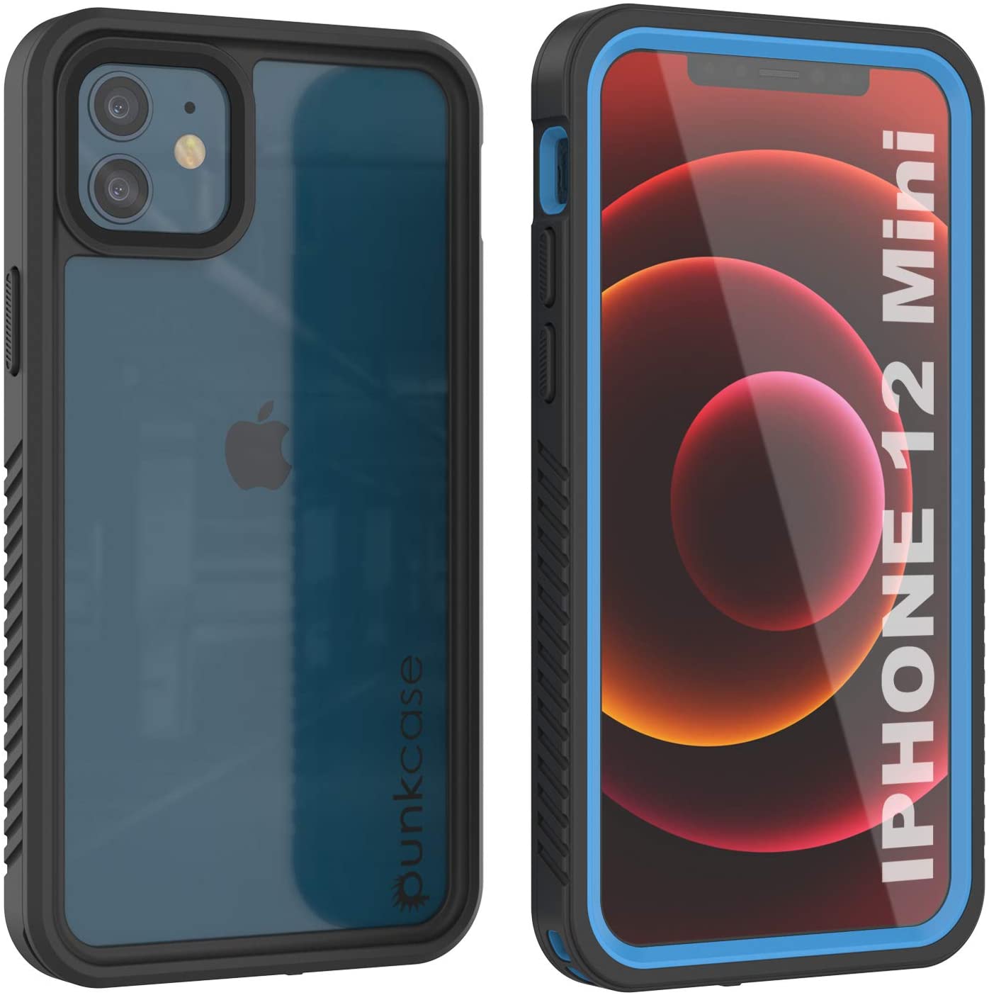 iPhone 12 Mini Waterproof Case, Punkcase [Extreme Series] Armor Cover W/ Built In Screen Protector [Light Blue] (Color in image: Black)