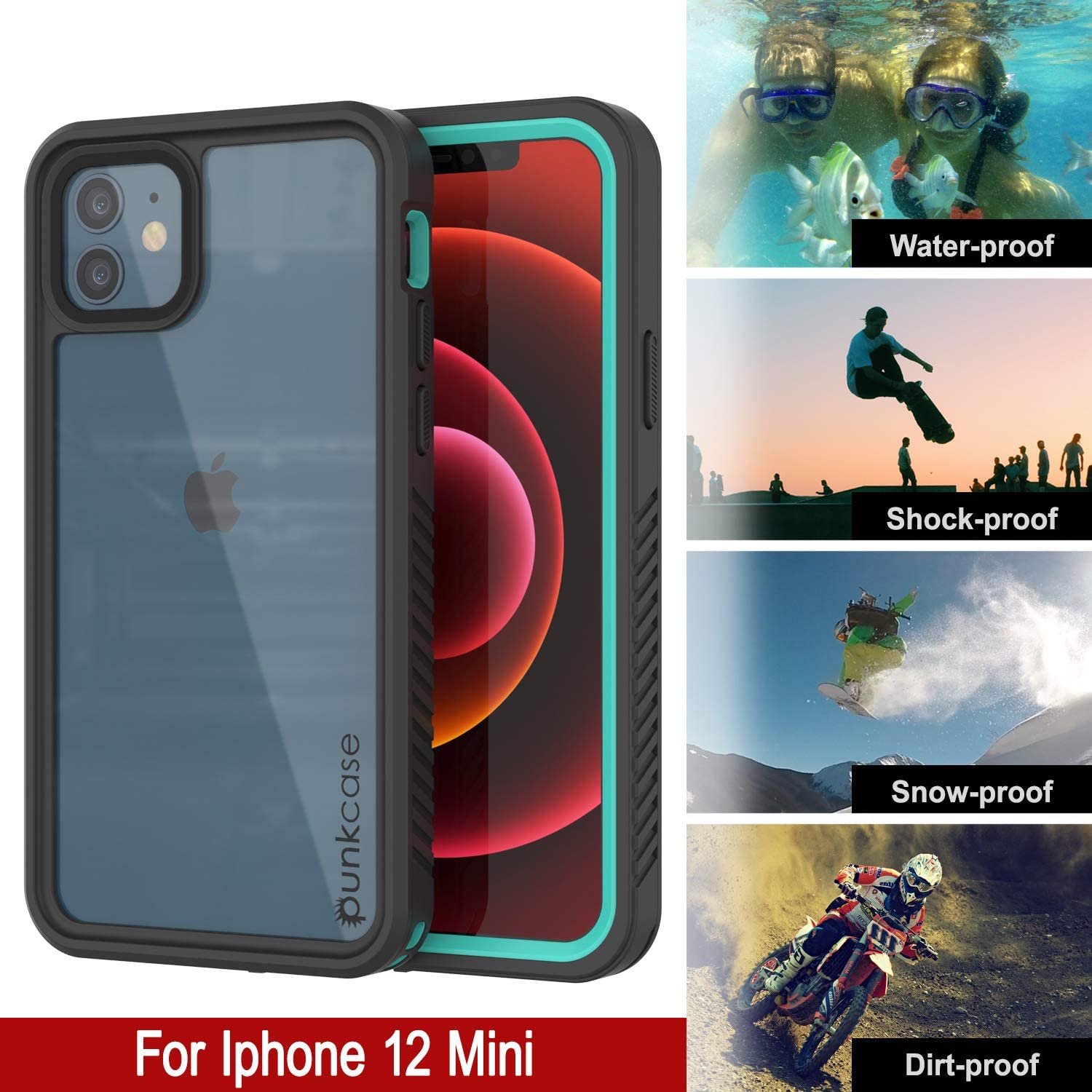 iPhone 12 Mini Waterproof Case, Punkcase [Extreme Series] Armor Cover W/ Built In Screen Protector [Teal] (Color in image: Light Blue)