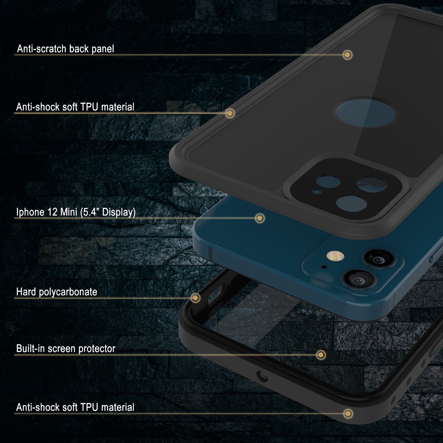 Capa à prova d'água IP68 para iPhone 12 Mini, Punkcase [Preto] [Série StudStar] [Ajuste Slim]