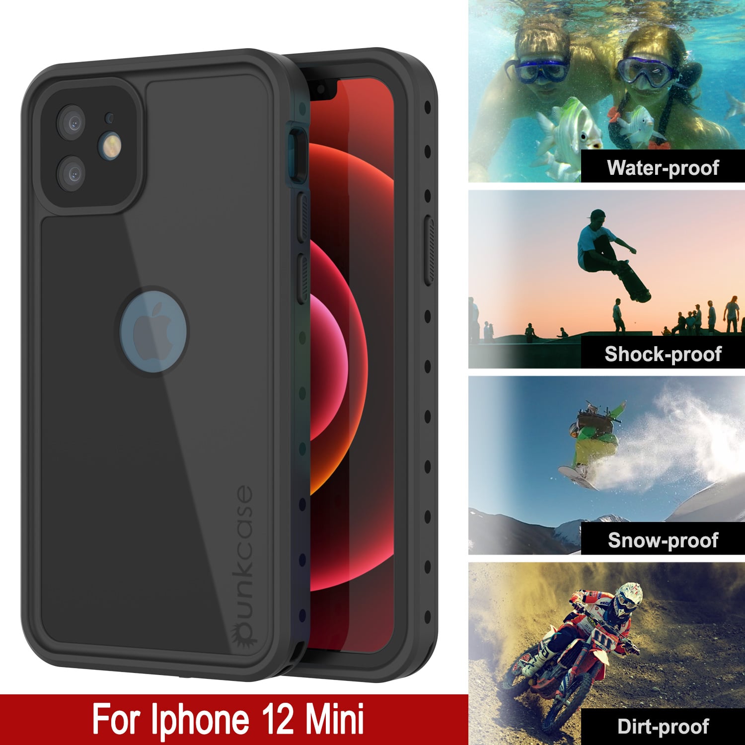 Capa à prova d'água IP68 para iPhone 12 Mini, Punkcase [Preto] [Série StudStar] [Ajuste Slim]