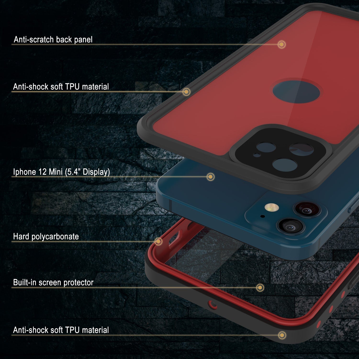 Capa à prova d'água IP68 para iPhone 12 Mini, Punkcase [Vermelho] [Série StudStar] [Ajuste Slim]
