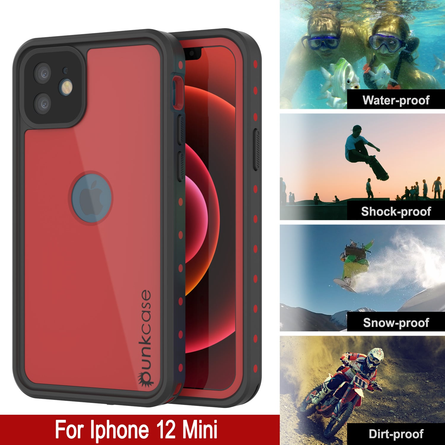 Capa à prova d'água IP68 para iPhone 12 Mini, Punkcase [Vermelho] [Série StudStar] [Ajuste Slim]
