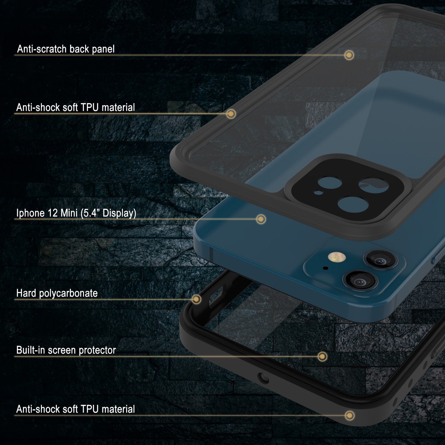 Capa à prova d'água IP68 para iPhone 12 Mini, Punkcase [Transparente] [Série StudStar] [Ajuste Slim] [Prova de sujeira]