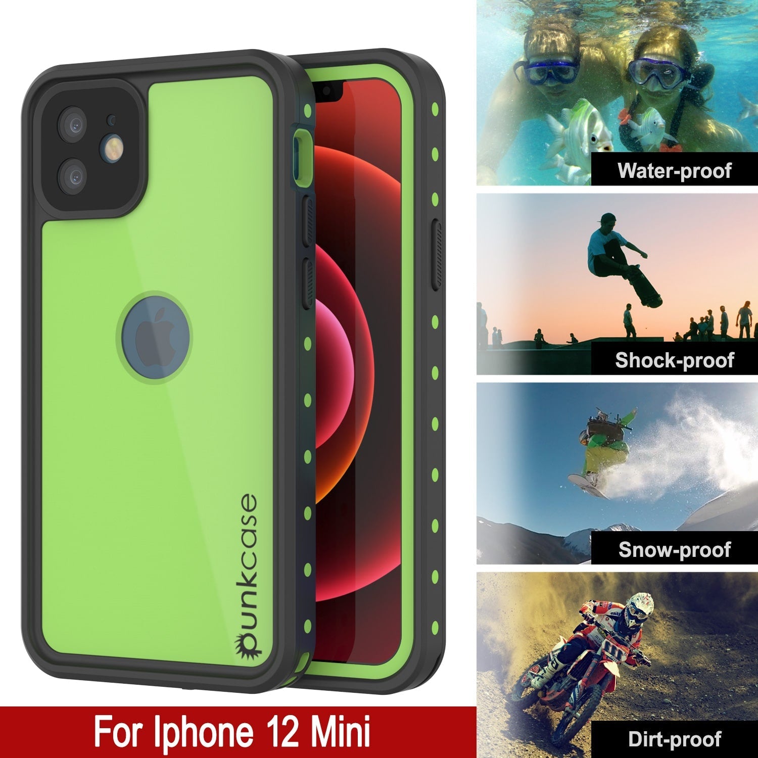 Capa à prova d'água IP68 para iPhone 12 Mini, Punkcase [verde claro] [Série StudStar] [Slim Fit] [Prova de sujeira]