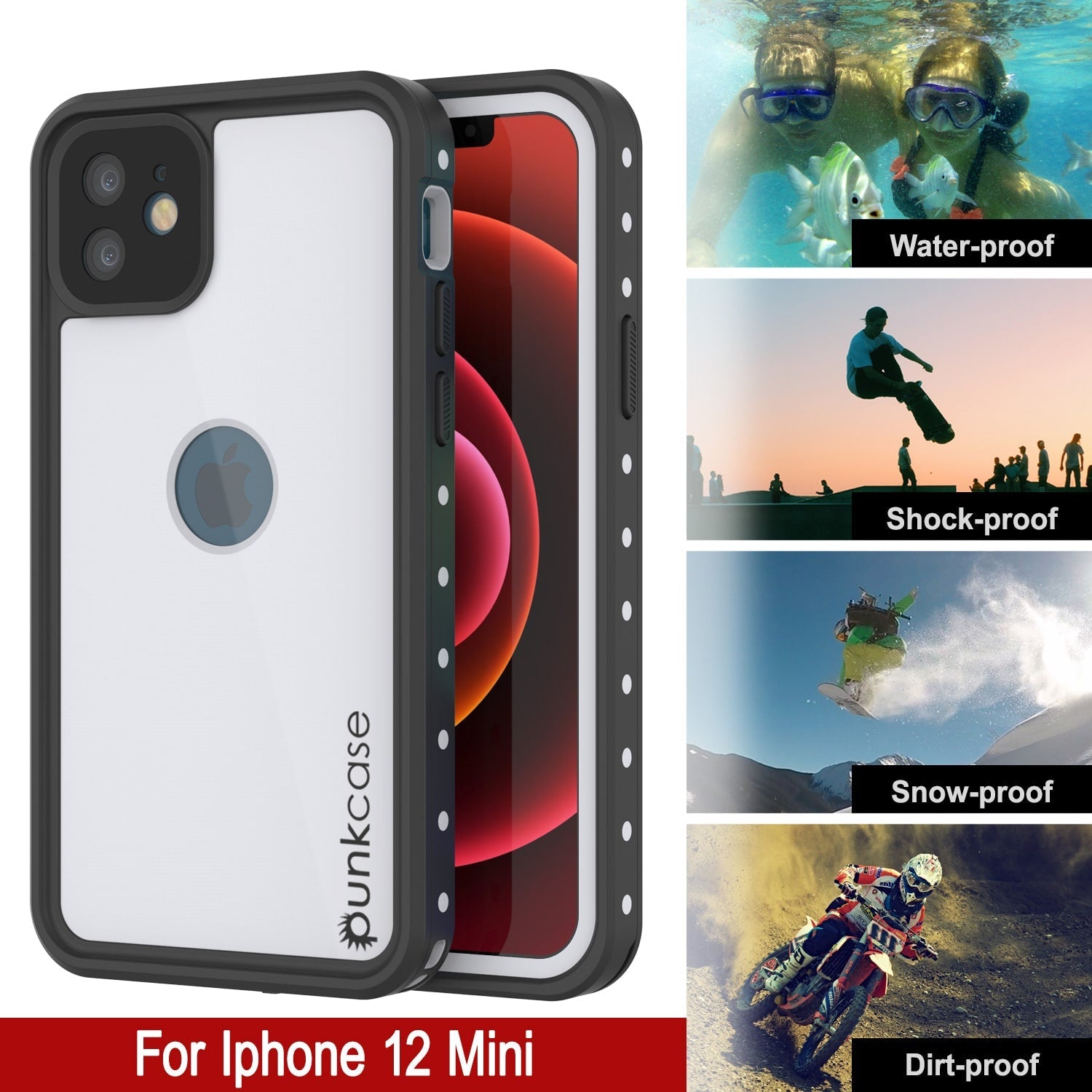 Capa à prova d'água IP68 para iPhone 12 Mini, Punkcase [Branca] [Série StudStar] [Ajuste Slim] [À prova de sujeira]