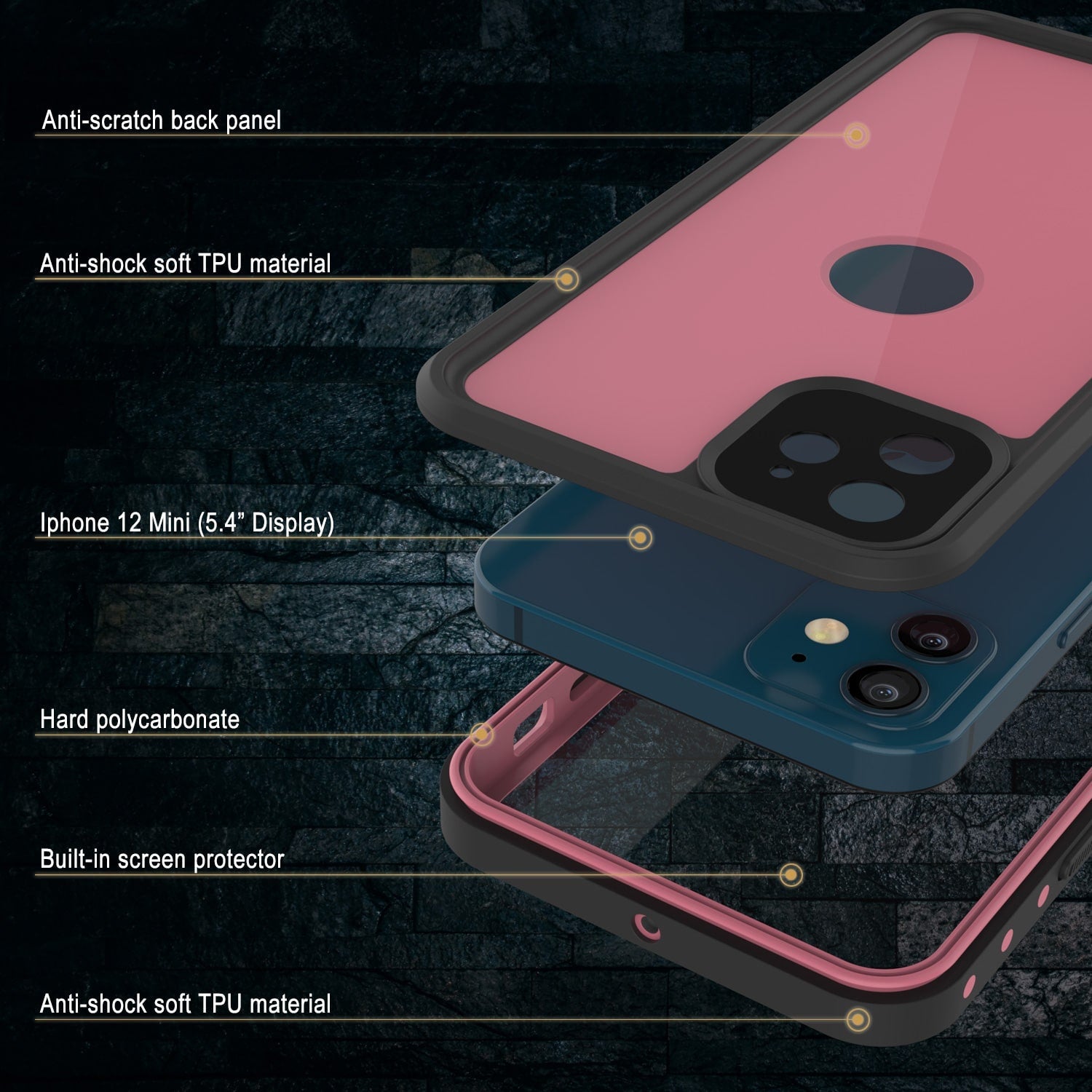 Capa à prova d'água IP68 para iPhone 12 Mini, Punkcase [Pink] [Série StudStar] [Ajuste Slim] [À prova de sujeira]