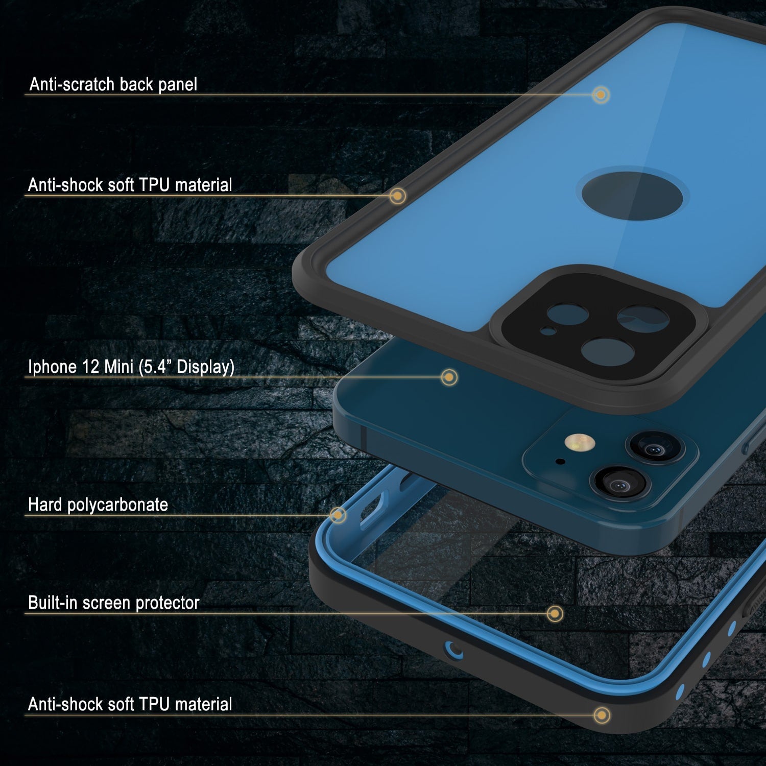 Capa à prova d'água IP68 iPhone 12 Mini, Punkcase [Azul claro] [Série StudStar] [Corte Slim] [Prova de sujeira]