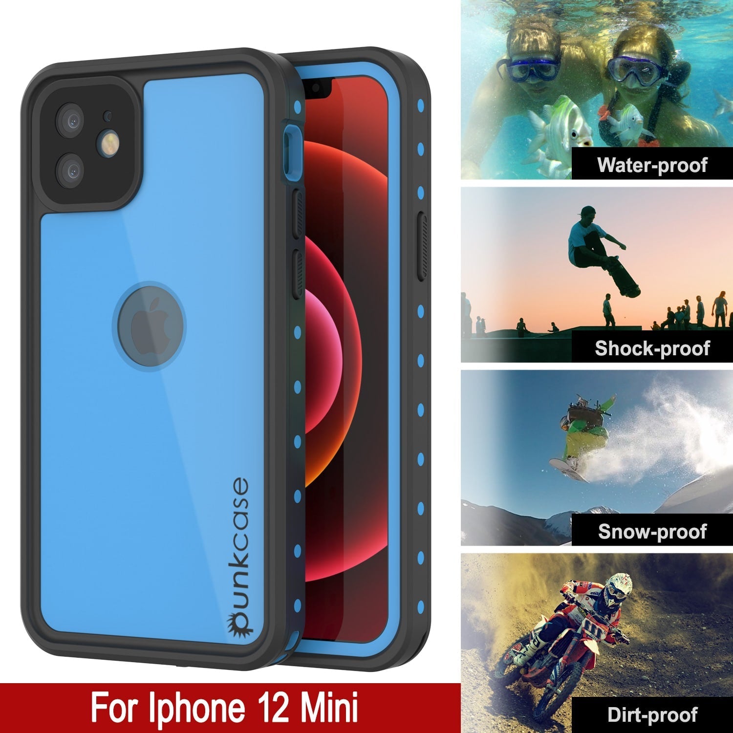 Capa à prova d'água IP68 iPhone 12 Mini, Punkcase [Azul claro] [Série StudStar] [Corte Slim] [Prova de sujeira]