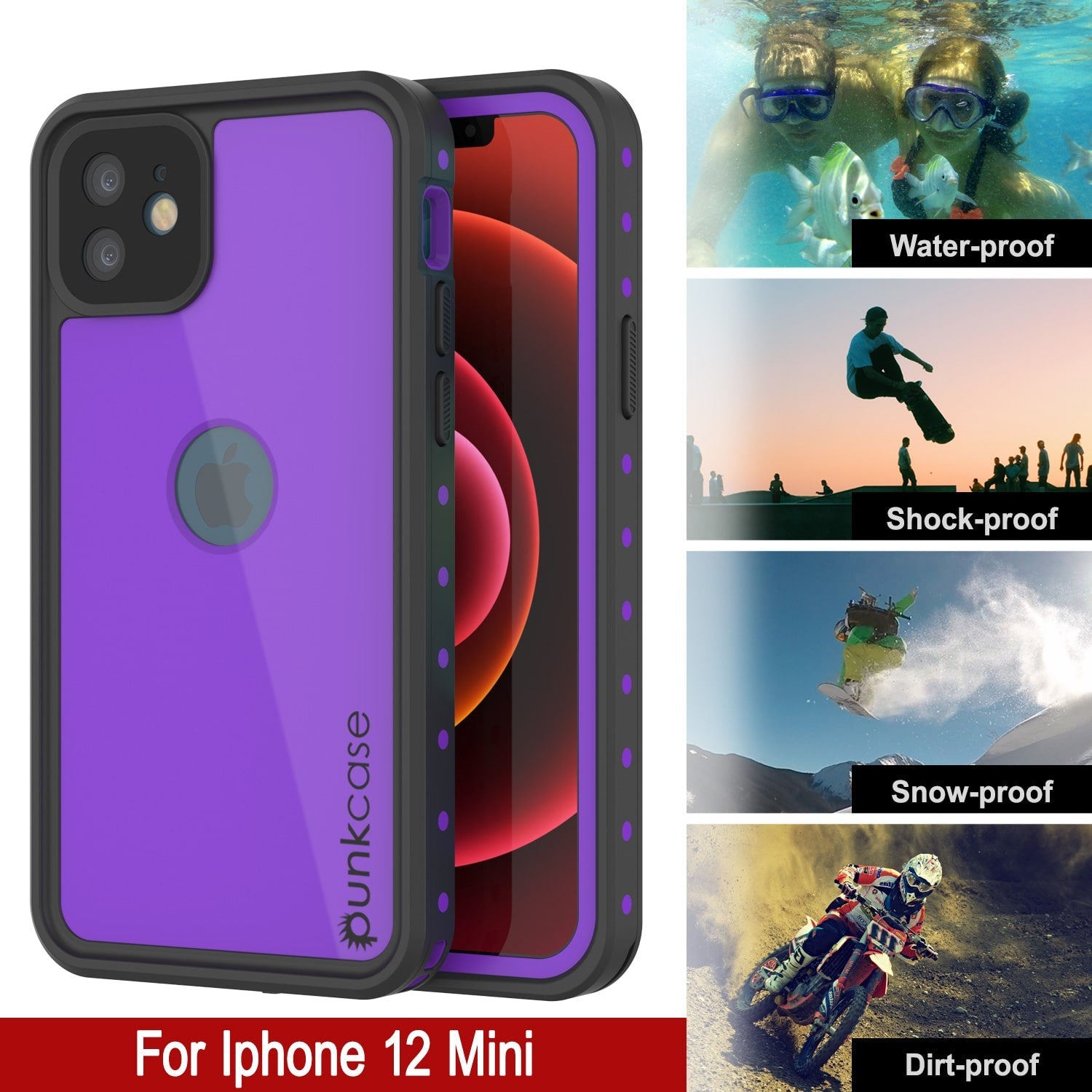 Capa à prova d'água IP68 para iPhone 12 Mini, Punkcase [Roxa] [Série StudStar] [Ajuste Slim] [Prova de sujeira]