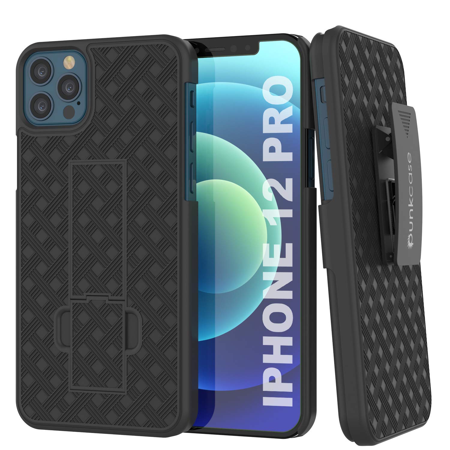 Capa Punkcase para iPhone 12 Pro com protetor de tela de vidro temperado, clipe de cinto e suporte embutido [Preto]