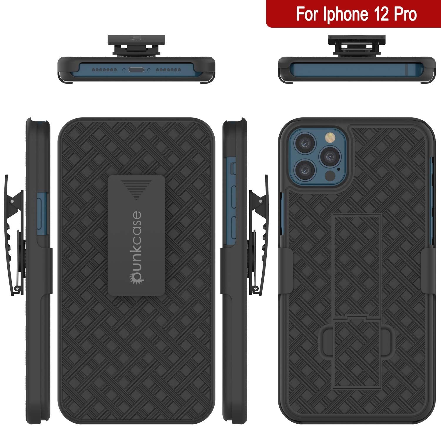 Punkcase iPhone 12 Pro Case With Tempered Glass Screen Protector, Holster Belt Clip & Built-In Kickstand [Black] 