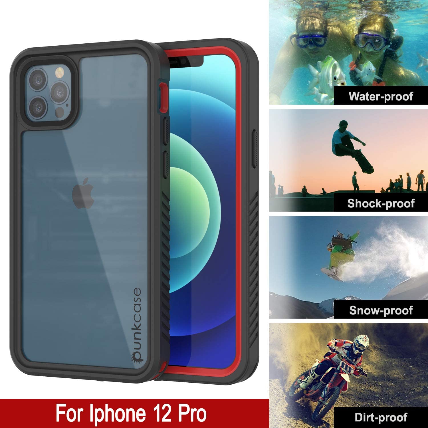 Capa à prova d'água iPhone 12 Pro, Punkcase [Série Extrema] Protetor de tela embutido [Vermelho]