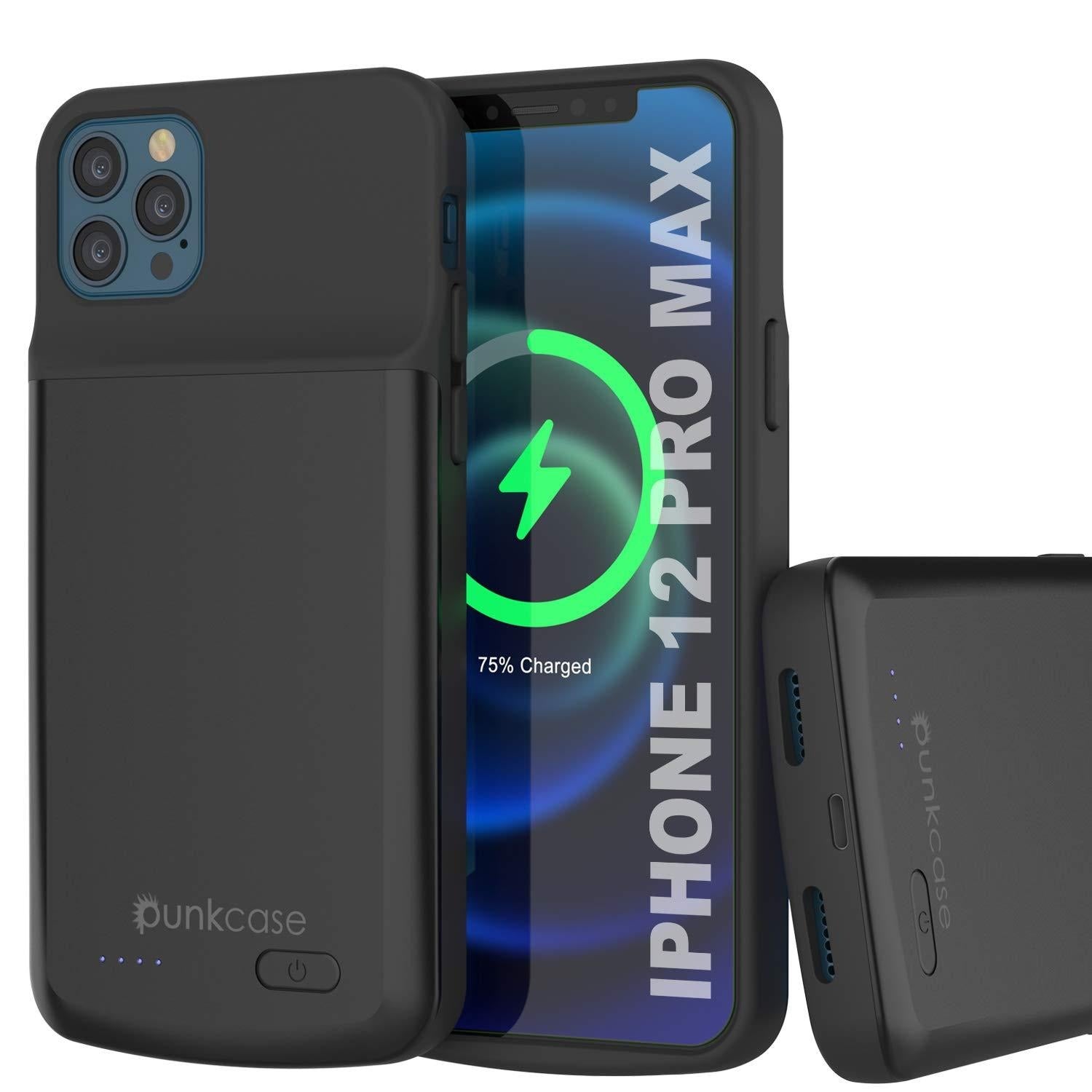 Capa de bateria iPhone 12 Pro Max, PunkJuice 4800mAh Power Bank de Carregamento Rápido com Protetor de Tela | [Preto]