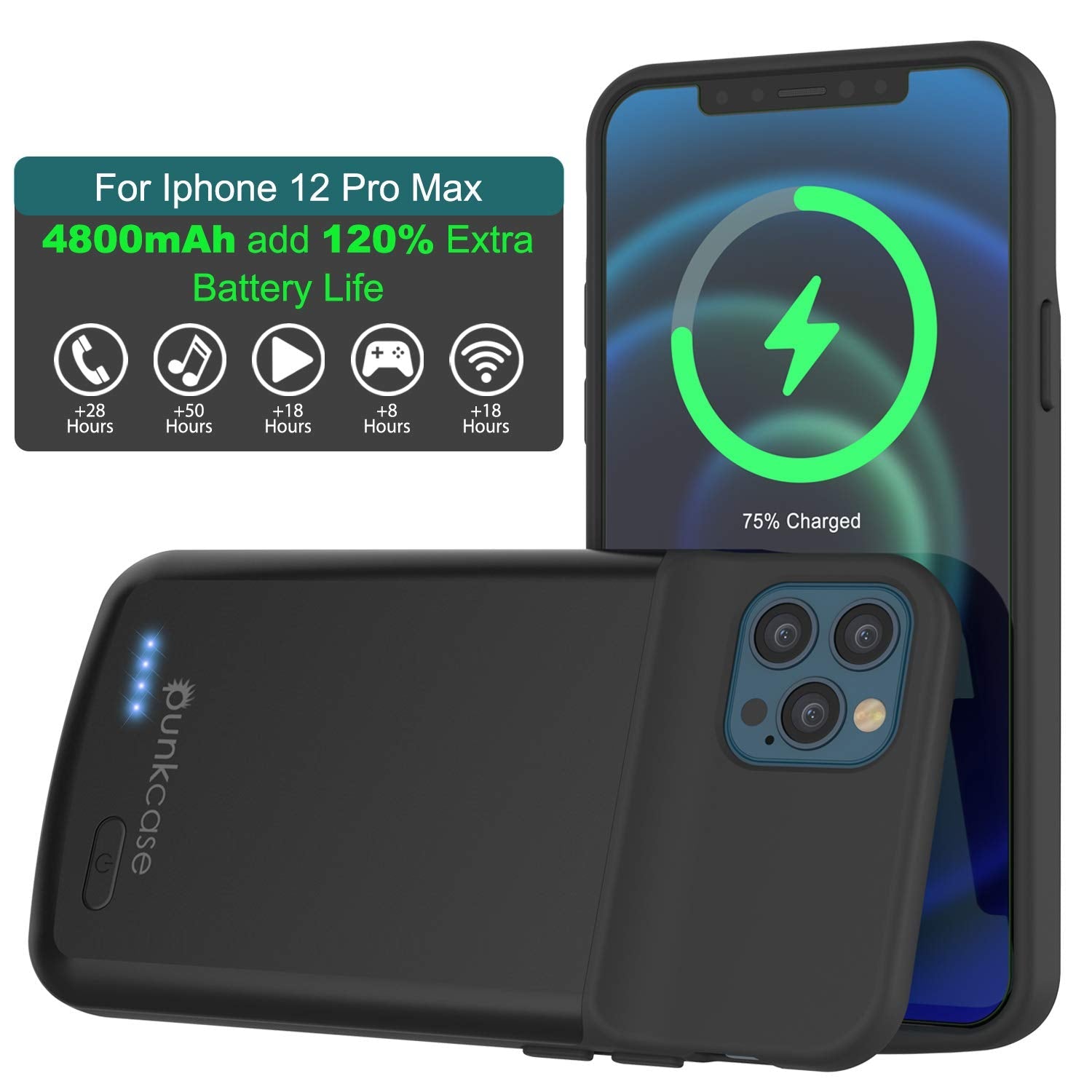 iPhone 12 Pro Max Battery Case, PunkJuice 4800mAH Fast Charging Power Bank W/ Screen Protector | [Black] (Color in image: red)
