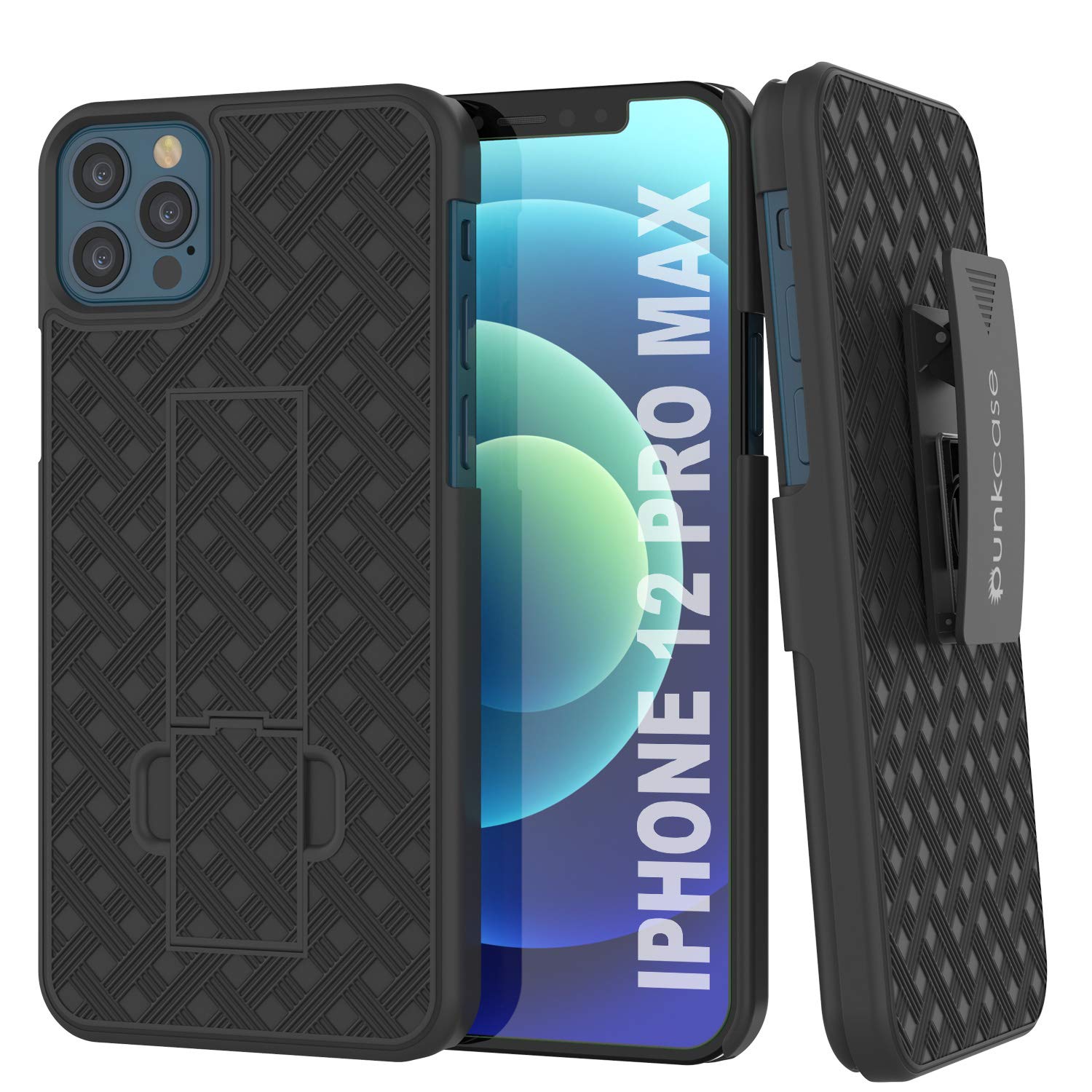 Capa Punkcase para iPhone 12 Pro Max com protetor de tela de vidro temperado, presilha de cinto e suporte embutido [Preto]