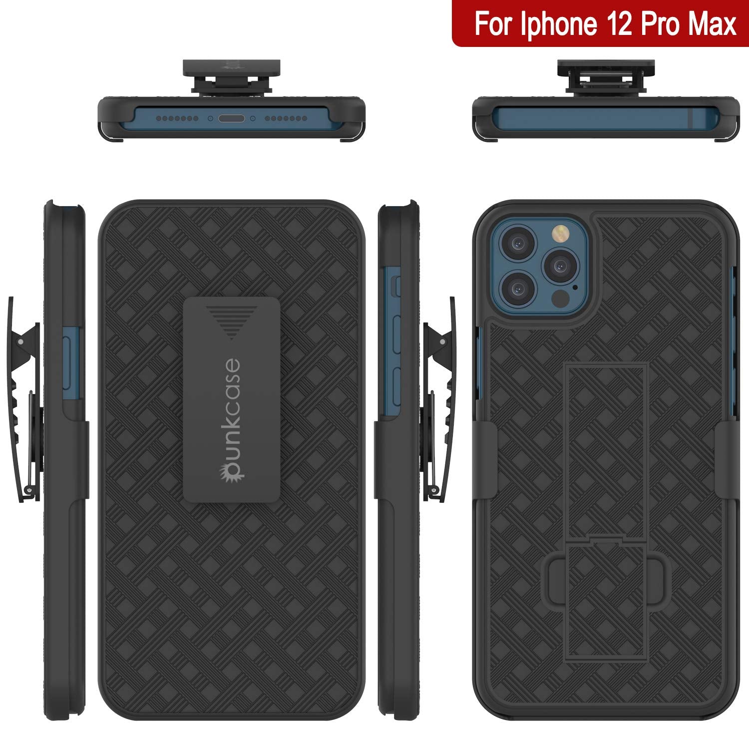 Punkcase iPhone 12 Pro Max Case With Tempered Glass Screen Protector, Holster Belt Clip & Built-In Kickstand [Black] 