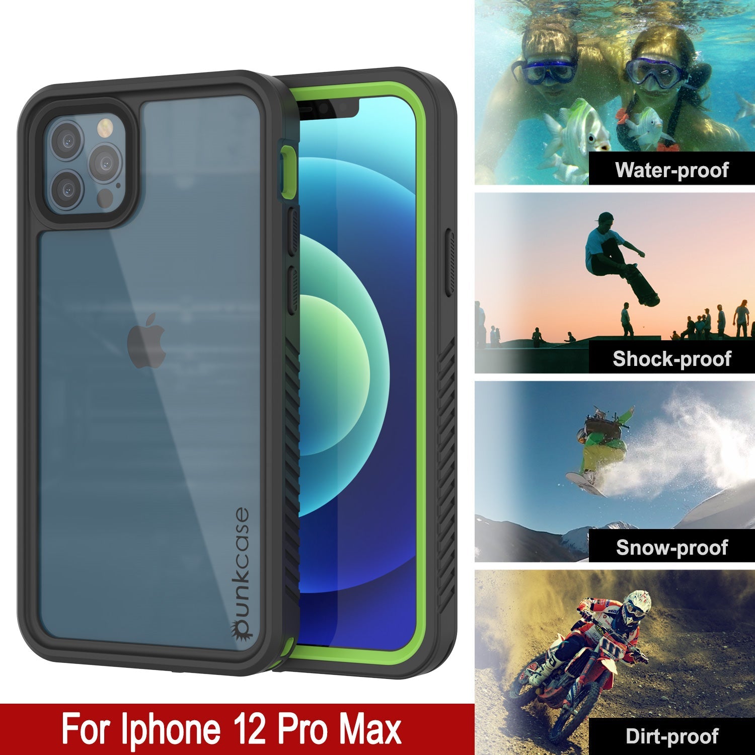 iPhone 12 Pro Max Waterproof Case, Punkcase [Extreme Series] Armor Cover W/ Built In Screen Protector [Light Green] (Color in image: Red)