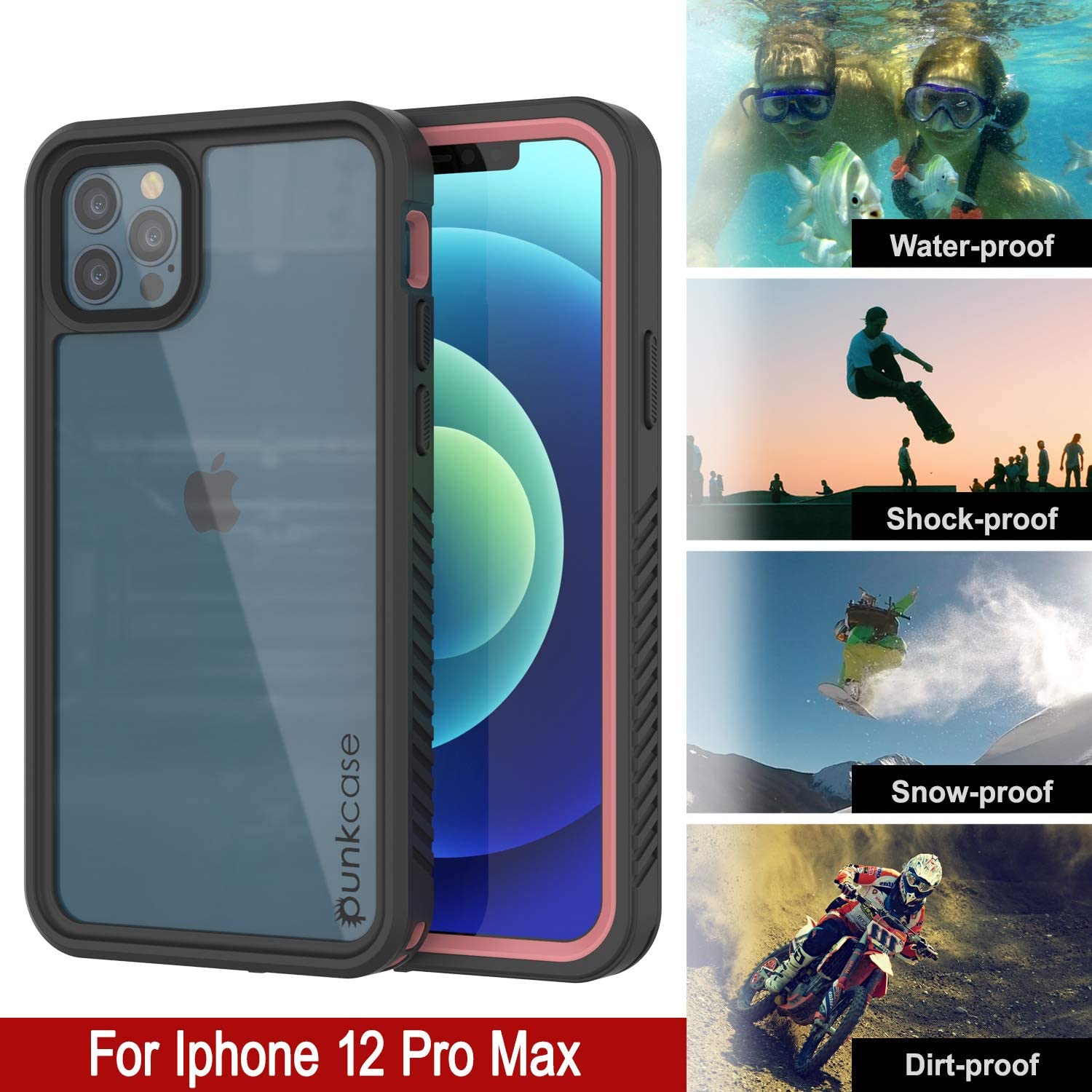 iPhone 12 Pro Max Waterproof Case, Punkcase [Extreme Series] Armor Cover W/ Built In Screen Protector [Pink] (Color in image: Light Green)