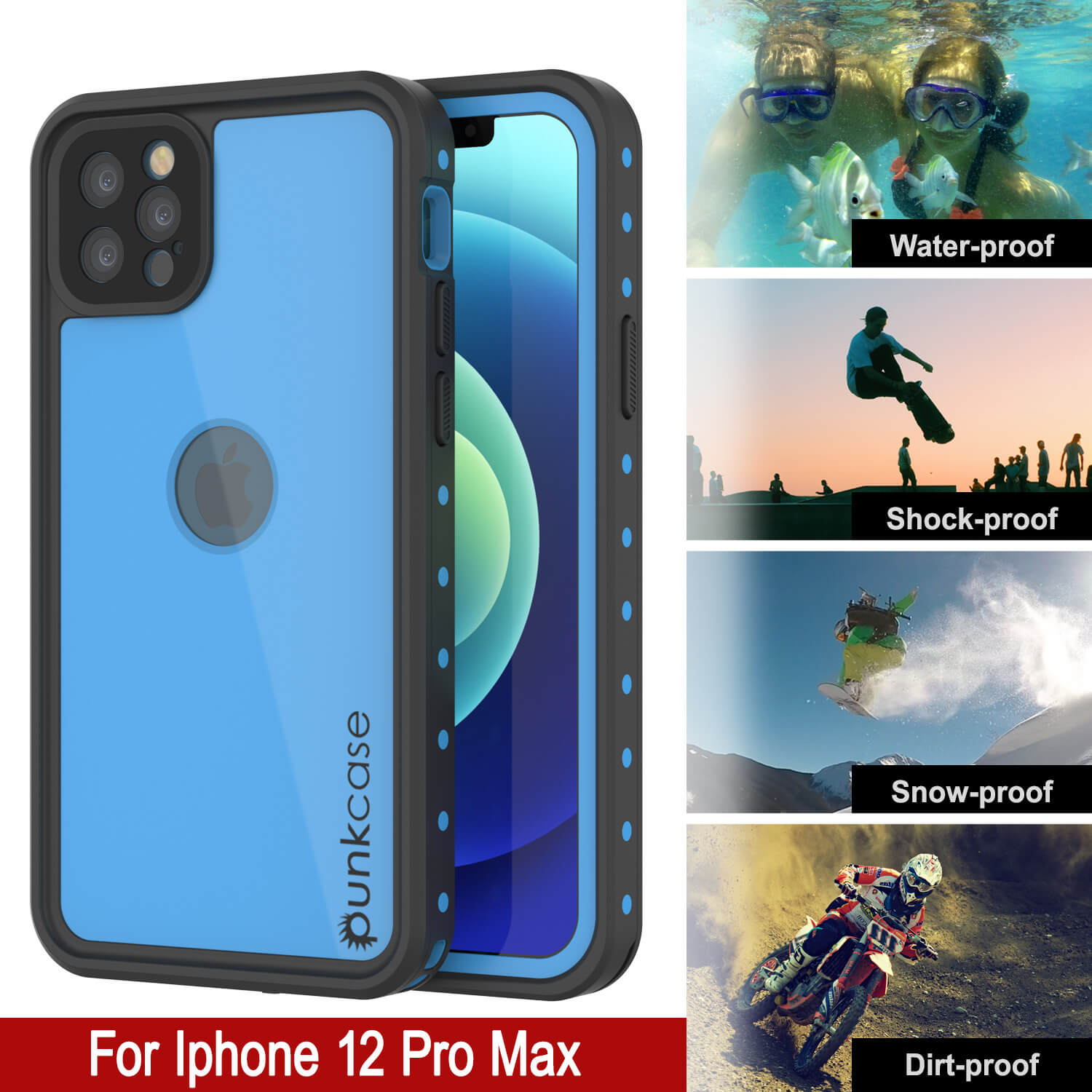 Capa iPhone 12 Pro Max à prova d'água IP68, Punkcase [Azul claro] [Série StudStar] [Ajuste fino] [À prova de sujeira]