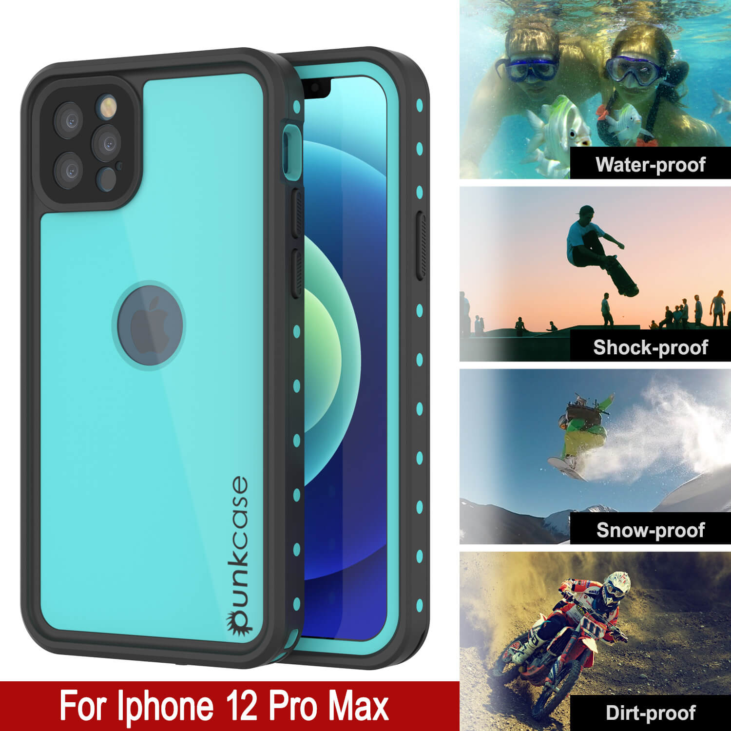 Capa à prova d'água IP68 para iPhone 12 Pro Max, Punkcase [Azul-turquesa] [Série StudStar] [Ajuste Slim]