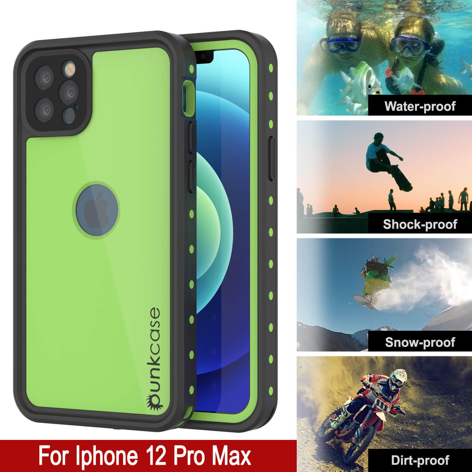 Capa à prova d'água IP68 para iPhone 12 Pro Max, Punkcase [verde claro] [Série StudStar] [Ajuste fino] [Prova de sujeira]