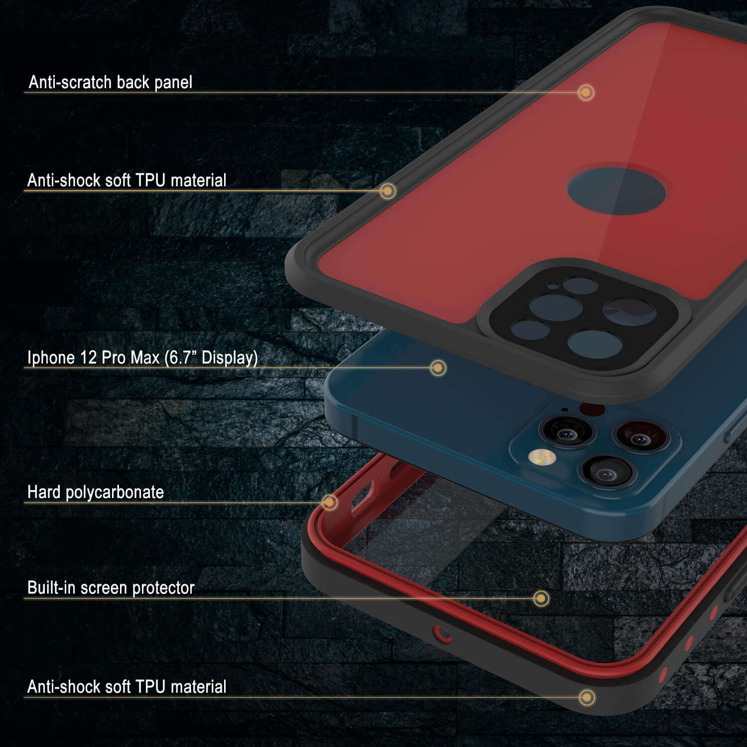 Capa à prova d'água IP68 para iPhone 12 Pro Max, Punkcase [Vermelha] [Série StudStar] [Slim Fit]