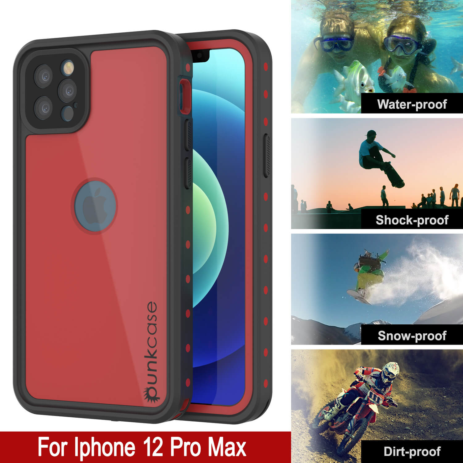 Capa à prova d'água IP68 para iPhone 12 Pro Max, Punkcase [Vermelha] [Série StudStar] [Slim Fit]