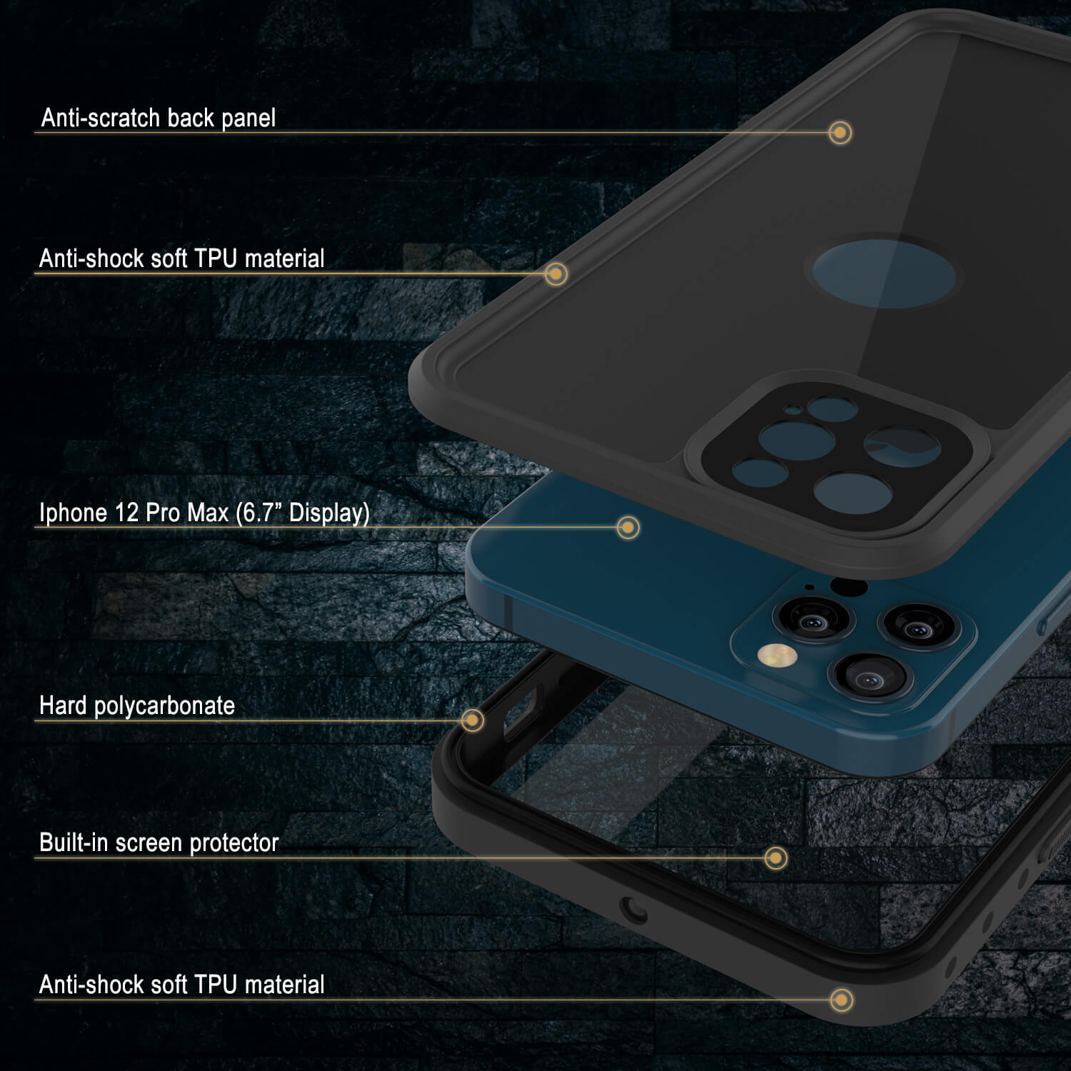 Capa à prova d'água IP68 para iPhone 12 Pro Max, Punkcase [preto] [Série StudStar] [Ajuste Slim]