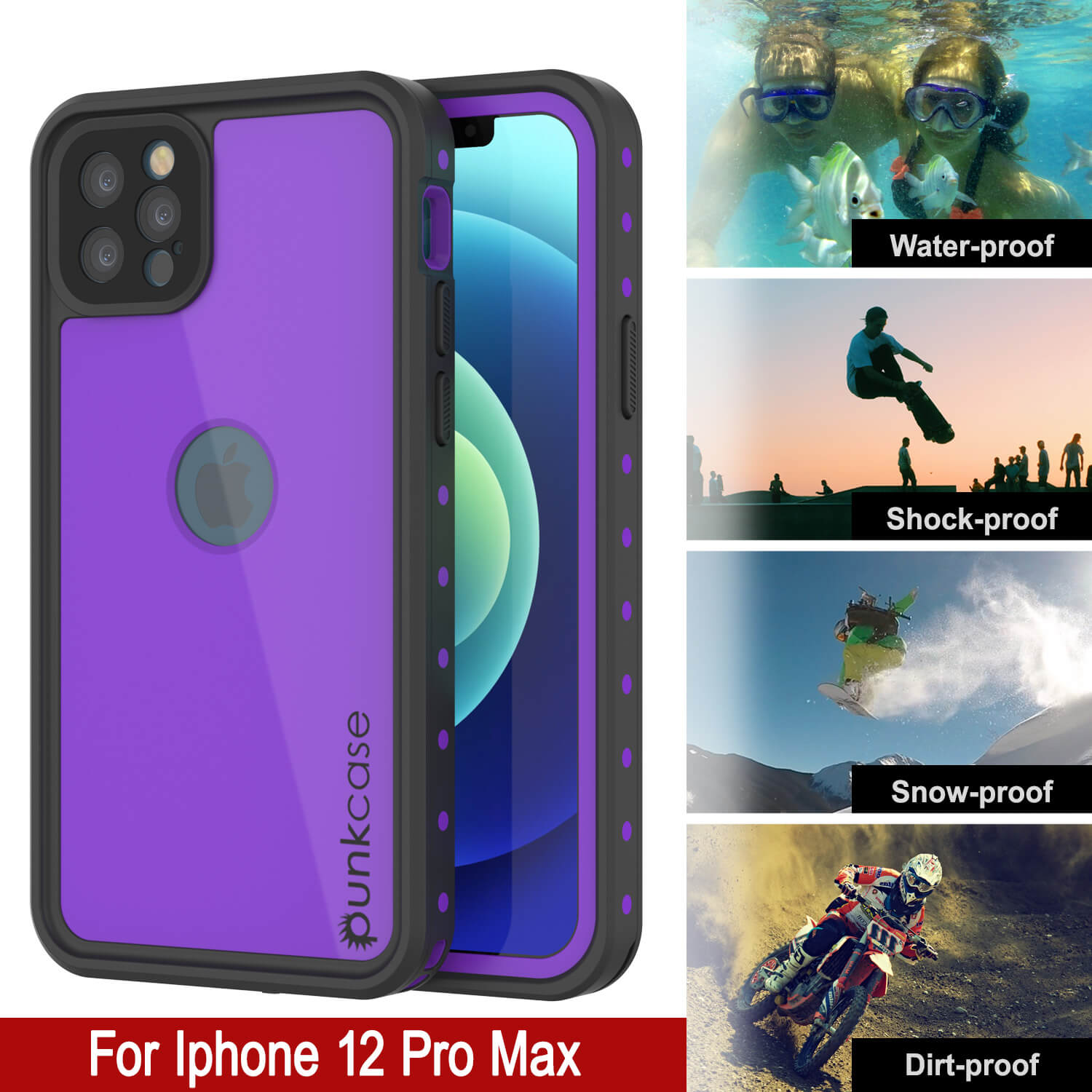 Capa à prova d'água IP68 para iPhone 12 Pro Max, Punkcase [Roxa] [Série StudStar] [Ajuste Slim] [Prova de sujeira]