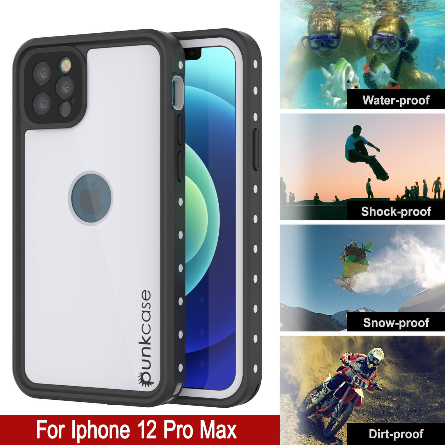 Capa à prova d'água IP68 para iPhone 12 Pro Max, Punkcase [Branca] [Série StudStar] [Ajuste Fino] [À prova de sujeira]