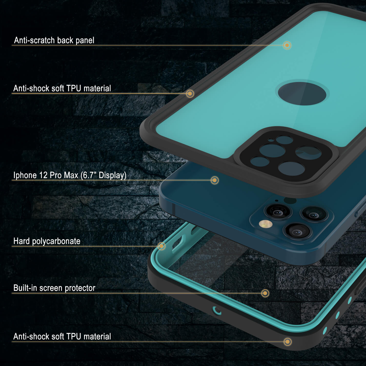Capa à prova d'água IP68 para iPhone 12 Pro Max, Punkcase [Azul-turquesa] [Série StudStar] [Ajuste Slim]