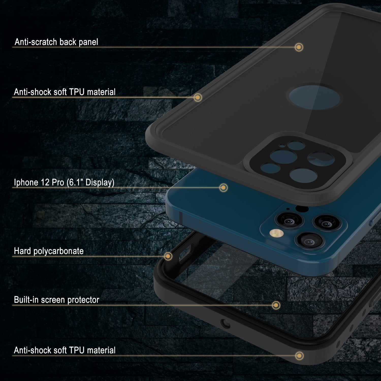 Capa à prova d'água IP68 para iPhone 12 Pro, Punkcase [Preto] [Série StudStar] [Ajuste Slim]