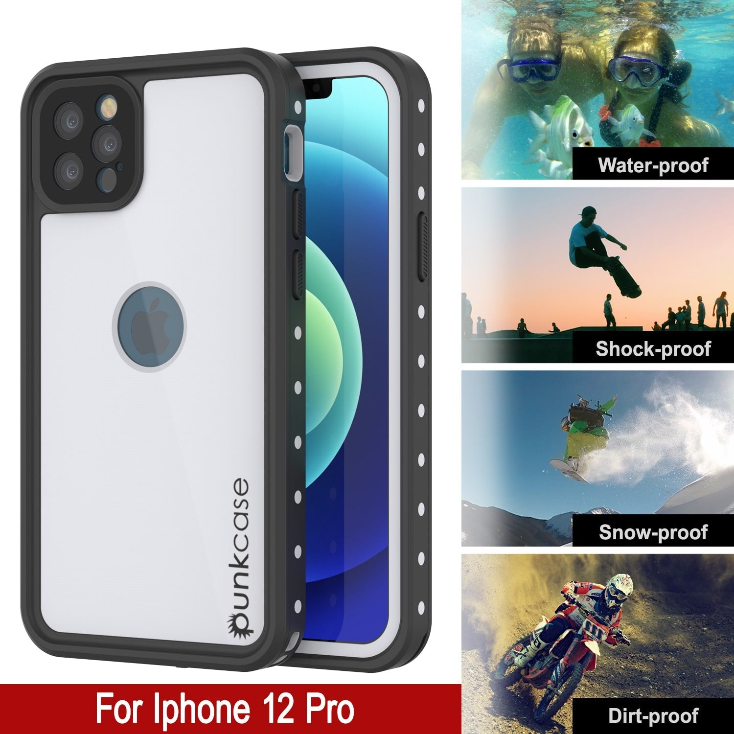 Capa à prova d'água IP68 para iPhone 12 Pro, Punkcase [Branco] [Série StudStar] [Ajuste Slim] [À prova de sujeira]