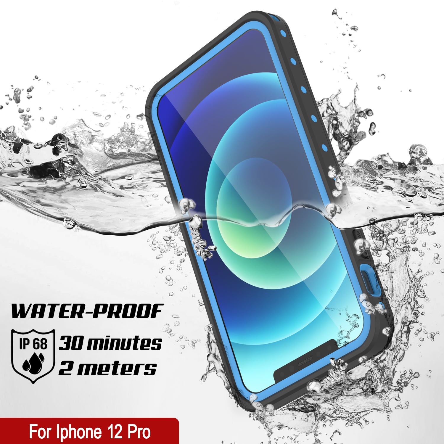 Capa à prova d'água IP68 iPhone 12 Pro, Punkcase [Azul claro] [Série StudStar] [Ajuste slim] [À prova de sujeira]