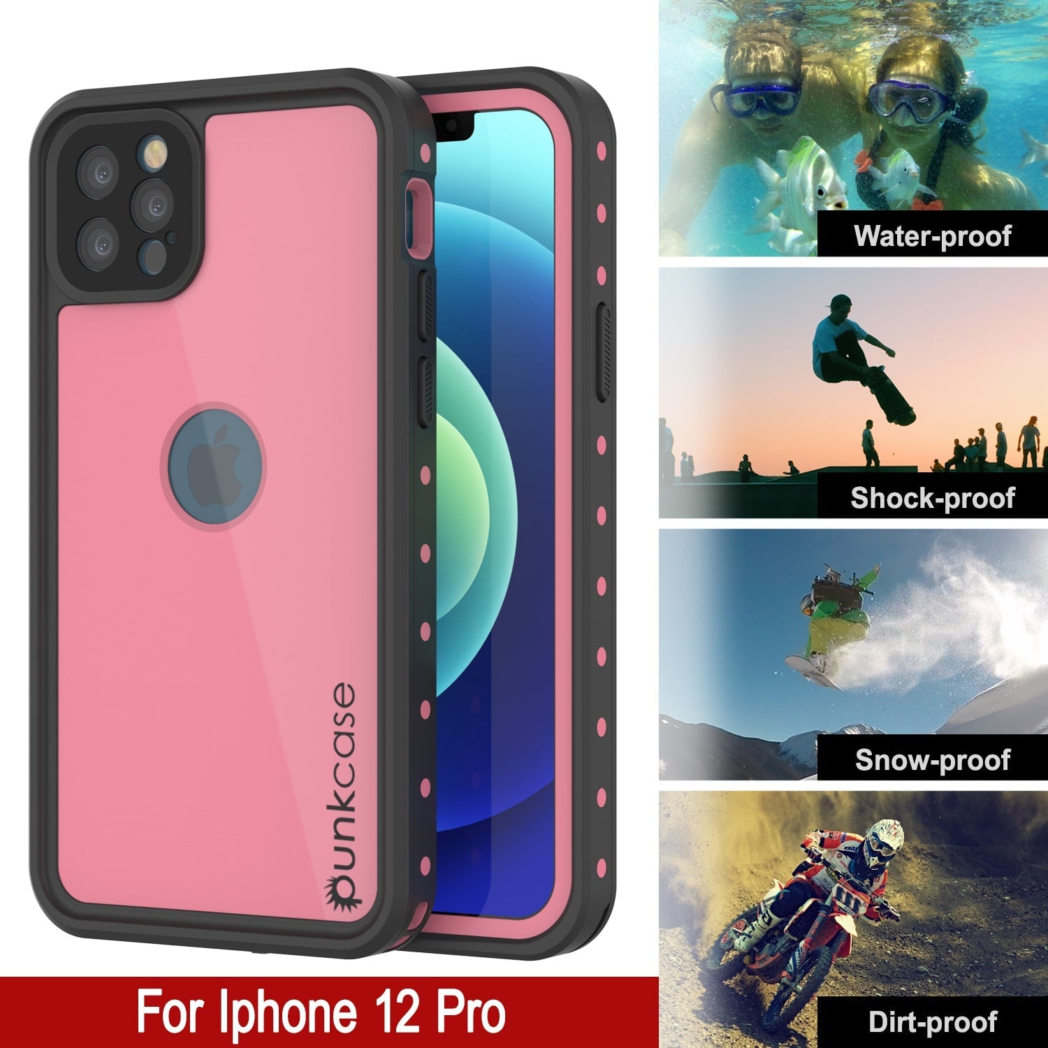 Capa à prova d'água IP68 para iPhone 12 Pro, Punkcase [Rosa] [Série StudStar] [Ajuste Slim] [Prova de sujeira]