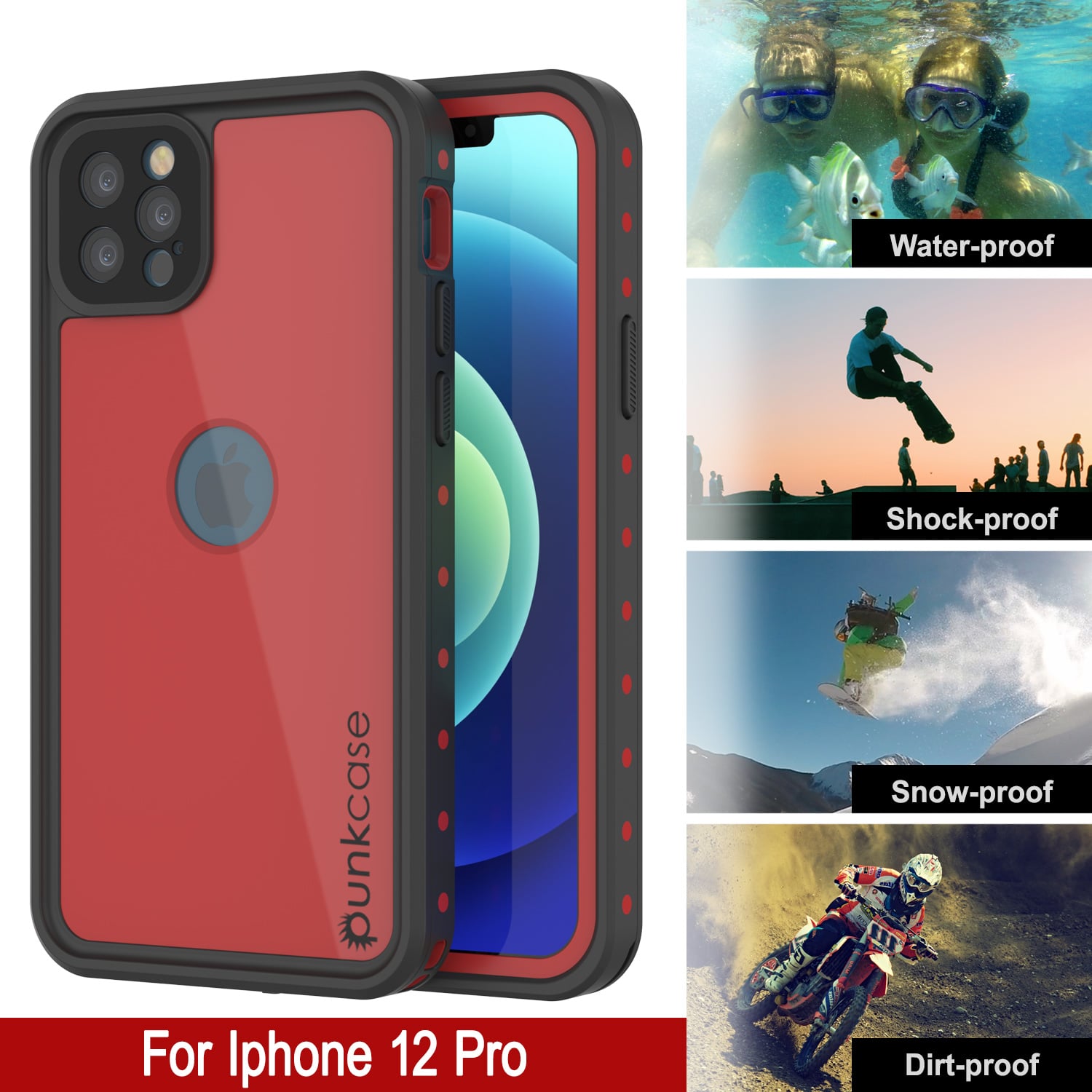 Capa à prova d'água IP68 para iPhone 12 Pro, Punkcase [Vermelho] [Série StudStar] [Ajuste Slim]