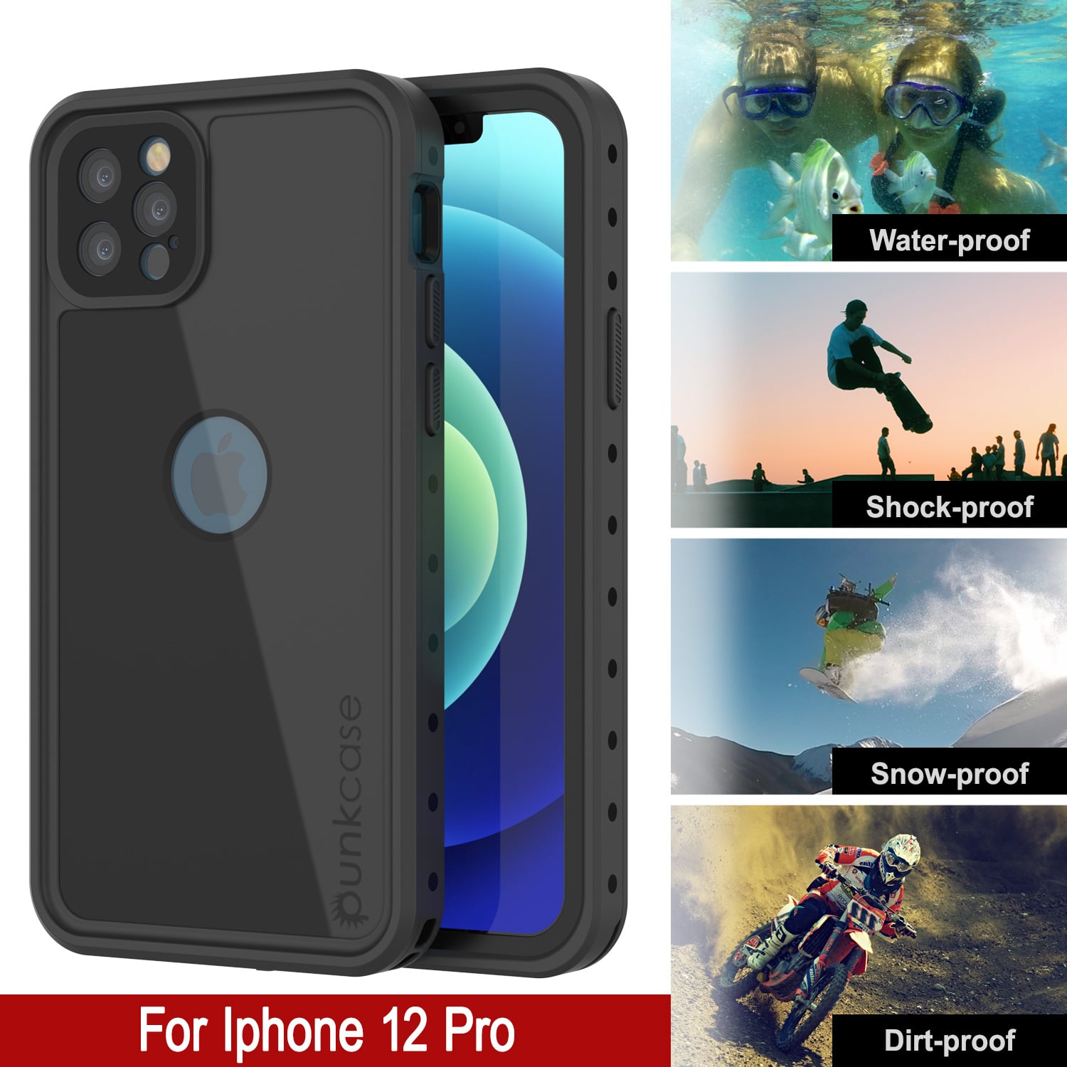 Capa à prova d'água IP68 para iPhone 12 Pro, Punkcase [Preto] [Série StudStar] [Ajuste Slim]