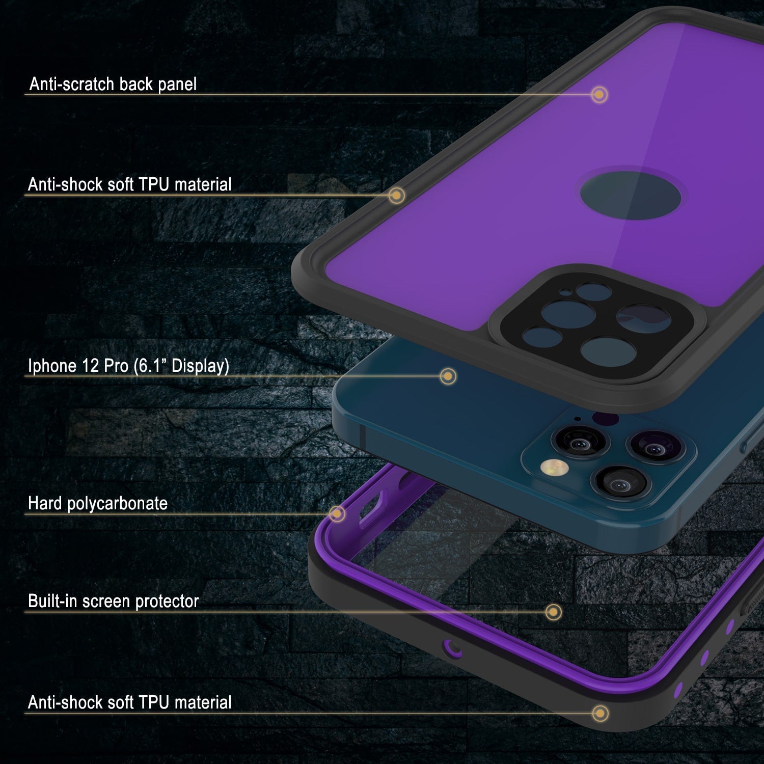 Capa à prova d'água IP68 para iPhone 12 Pro, Punkcase [Roxo] [Série StudStar] [Ajuste Slim] [Prova de sujeira]