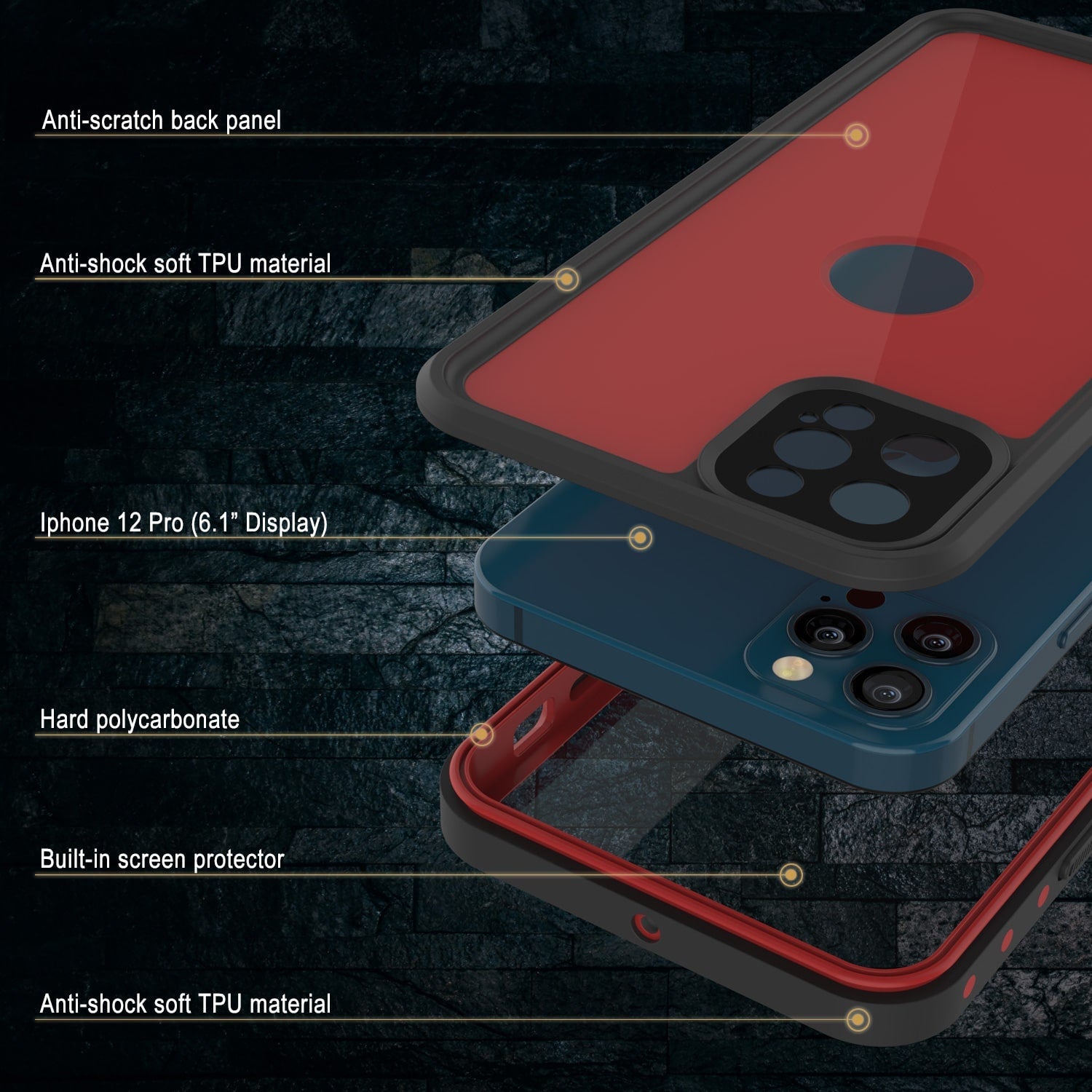 Capa à prova d'água IP68 para iPhone 12 Pro, Punkcase [Vermelho] [Série StudStar] [Ajuste Slim]