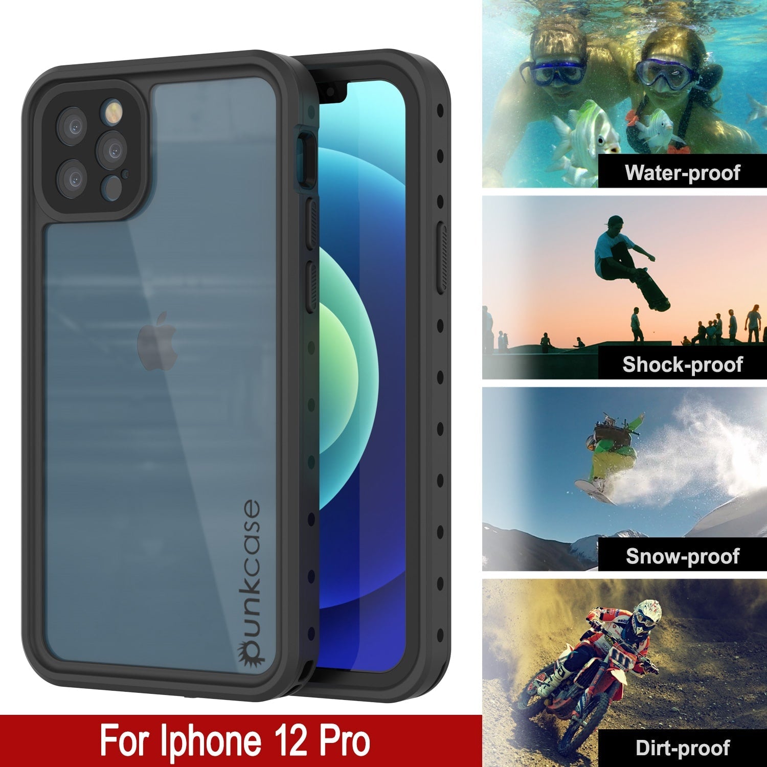 Capa à prova d'água IP68 para iPhone 12 Pro, Punkcase [Transparente] [Série StudStar] [Ajuste Slim] [À prova de sujeira]